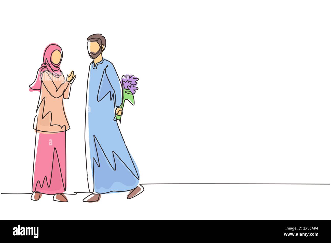 Durchgehende einzeilige Zeichnung Arabischer Mann schenkt der Frau Blumen. Junger Mann, der der Frau einen Blumenstrauß gibt. Romantisches verliebtes Paar. Sünde Stock Vektor