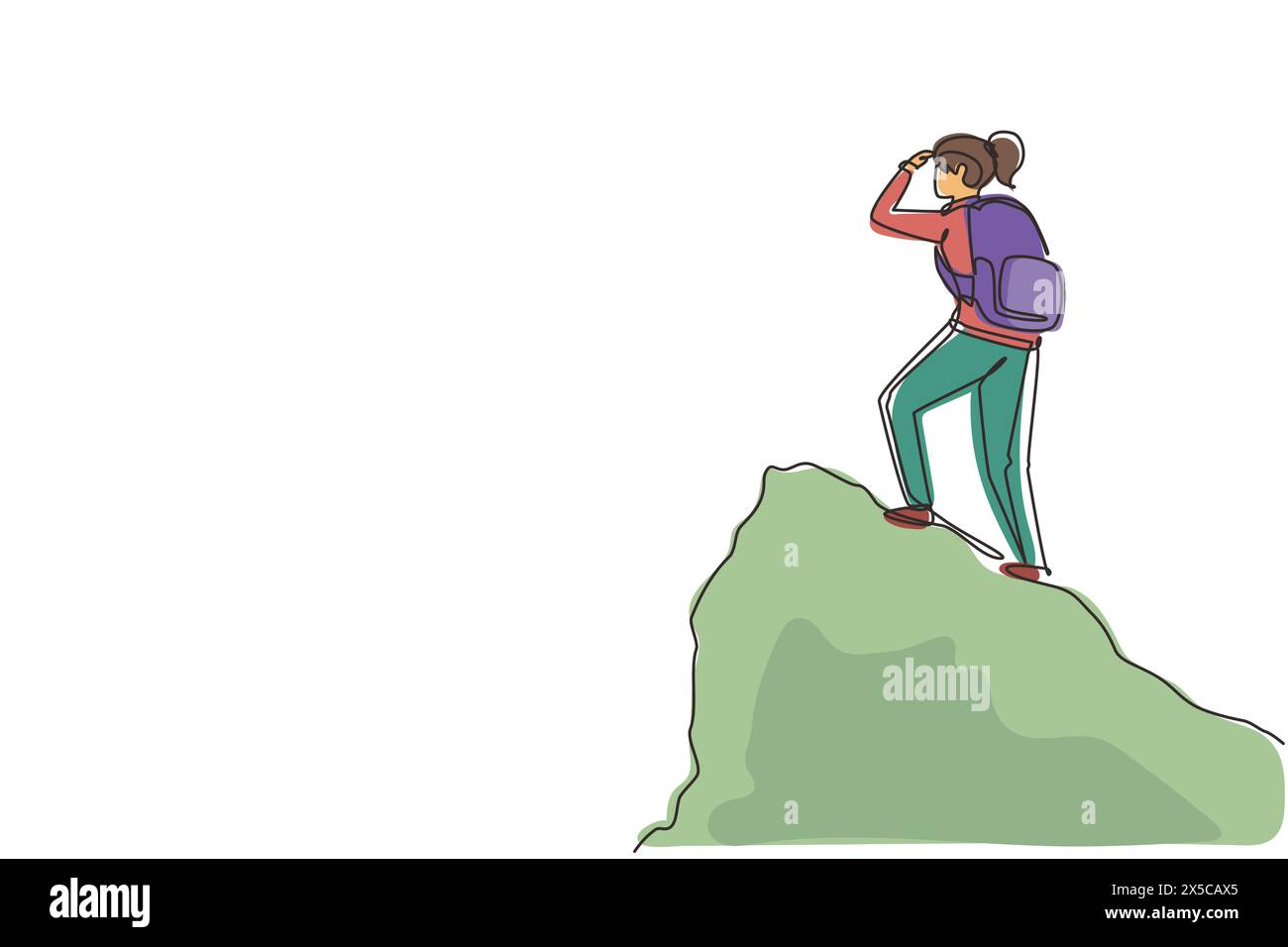 Durchgehende einzeilige Zeichnung einer Reisenden oder Entdeckerin, die auf einem Berg oder einer Klippe steht und gerade aussieht. Entdeckungen, Erkundungen, Wandern, Trav Stock Vektor