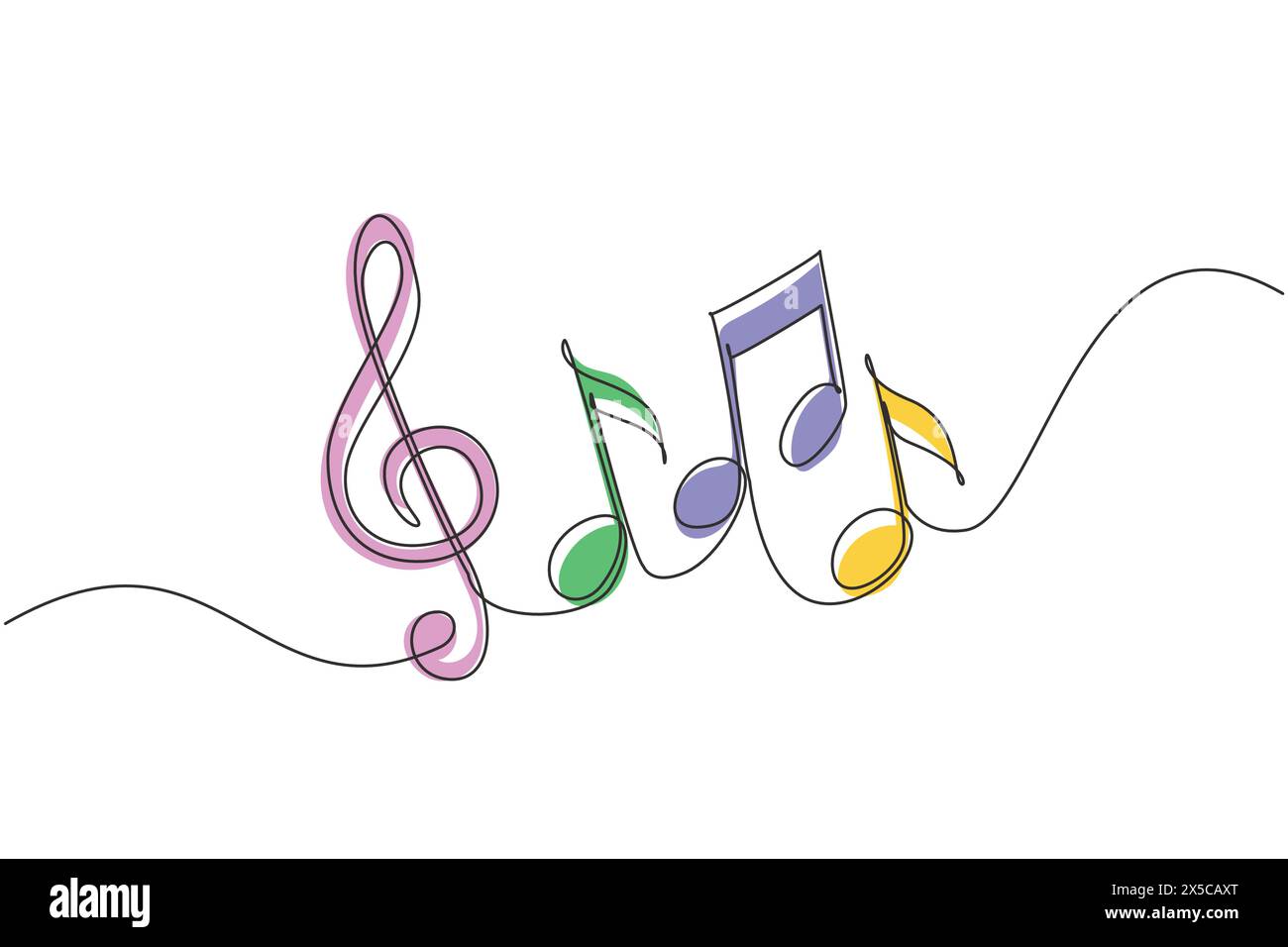 Durchgehende, einzeilige Zeichnung von Notennotizen auf Notenstock. Musikalisches Symbol in einem linearen minimalistischen Stil. Trendige abstrakte Wellenmelodie. Vektorkontur Skizze so Stock Vektor