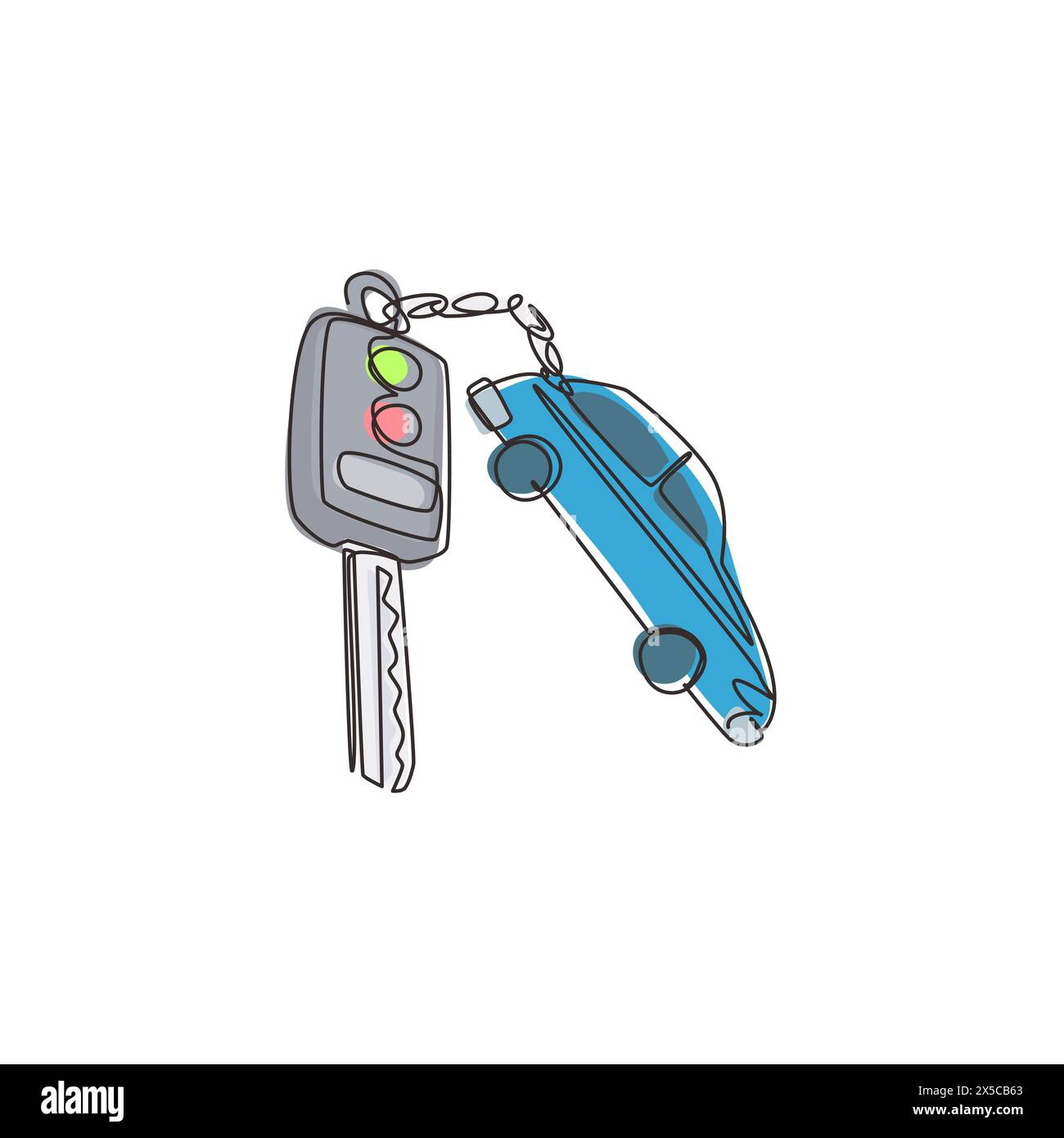 Einzeilige Zeichnung des Schlüsselwagens und des Schlüsselanhängers über dem Metalltisch. Beschneidungspfad enthalten. Elektronisches Auto-Schlüssel-Vorder- und Rückansicht und Alarmanlage. Stock Vektor