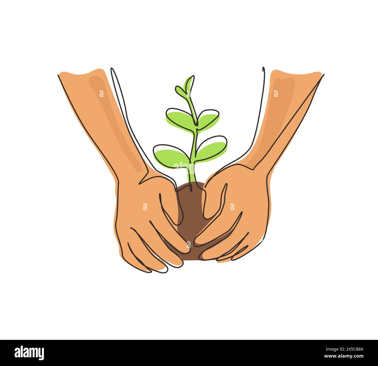 Eine einzige Linie, die die Hände des Bauern zieht, einen jungen Baum wächst, die Welt retten, die Welt heilen, die Natur lieben. Ökologischer Setzbaum, der an Land wächst und pflanzt. Stock Vektor