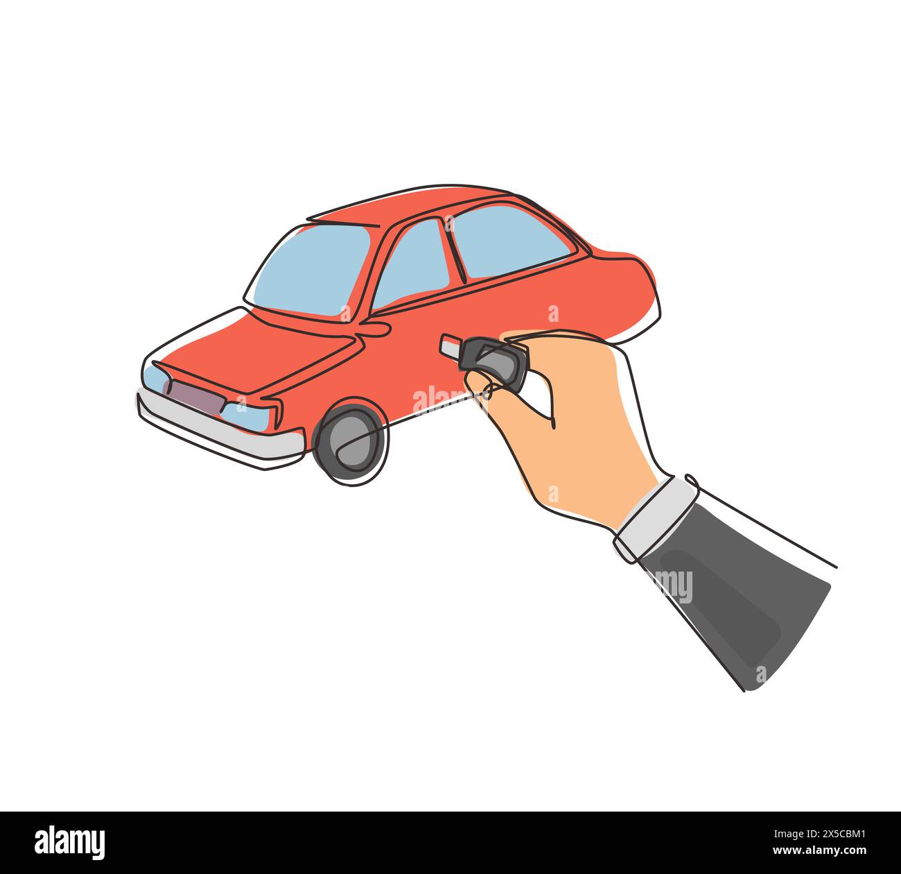 Einzelne durchgehende Linienzeichnung mit der Hand, die den Schlüssel in das Loch an der Fahrzeugtür dreht. Man benutzt den Schlüssel, um das neue Fahrzeug zu öffnen. Autovermietung. Dynamisches Modell Stock Vektor