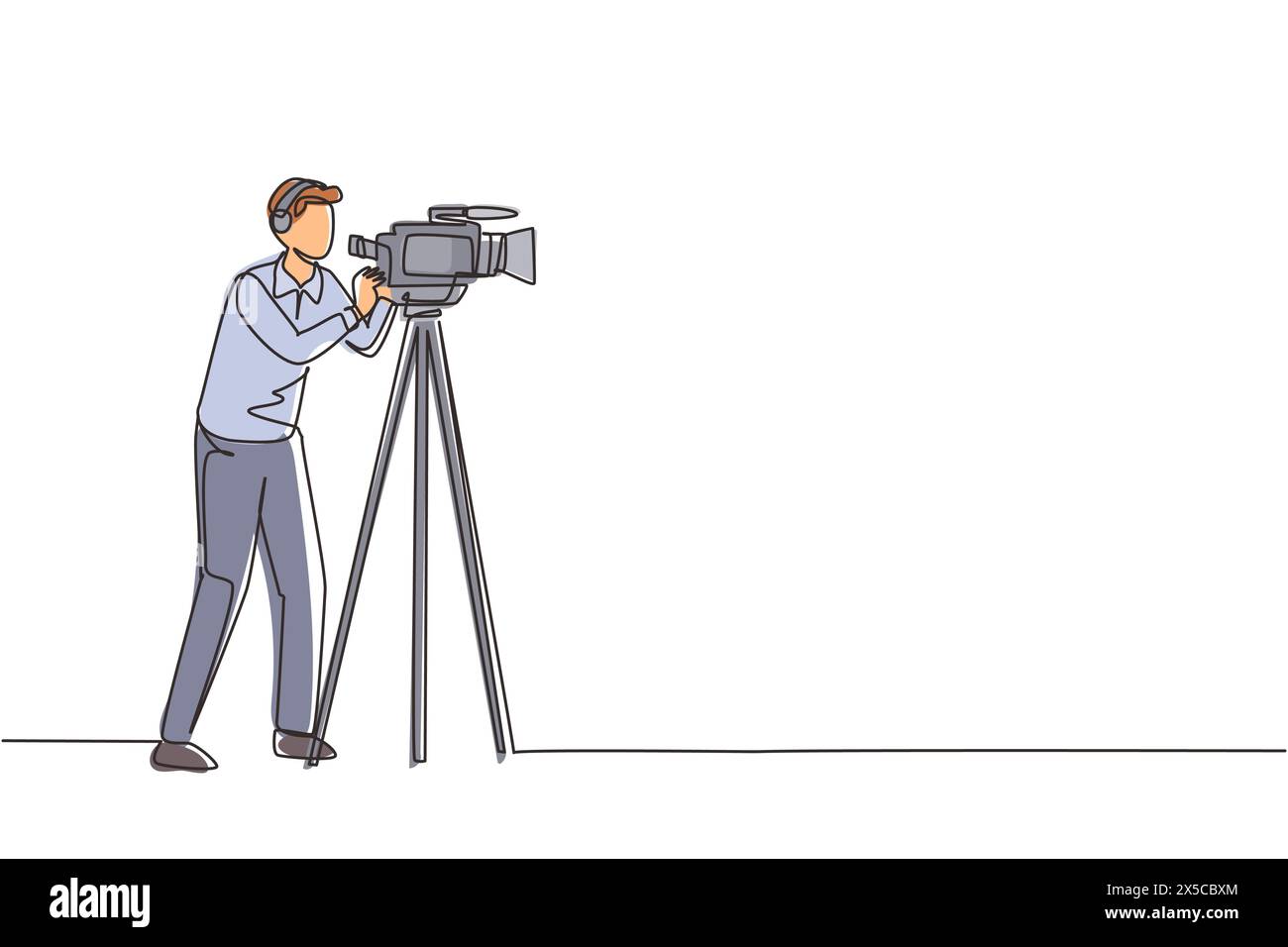 Einfache einzeilige Zeichnung professioneller Kameramann, Bediener, Videofilmer mit Kamera. Dreharbeiten von Filmproduktionen, Ausstrahlung von Nachrichten oder fernsehsendungen live. C Stock Vektor