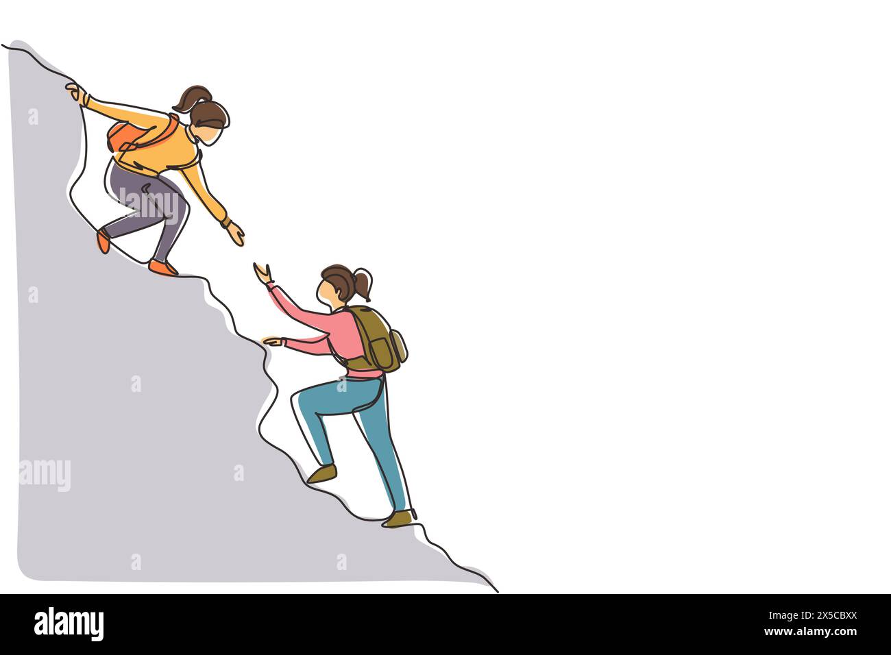 Eine einzige Linie zeichnet zwei Frauen helfen einander, den Berg hinaufzuklettern. Helfen Sie Hand, Hoffnung und Unterstützung. Geschäft, Erfolg, Führung, Leistung und Stock Vektor