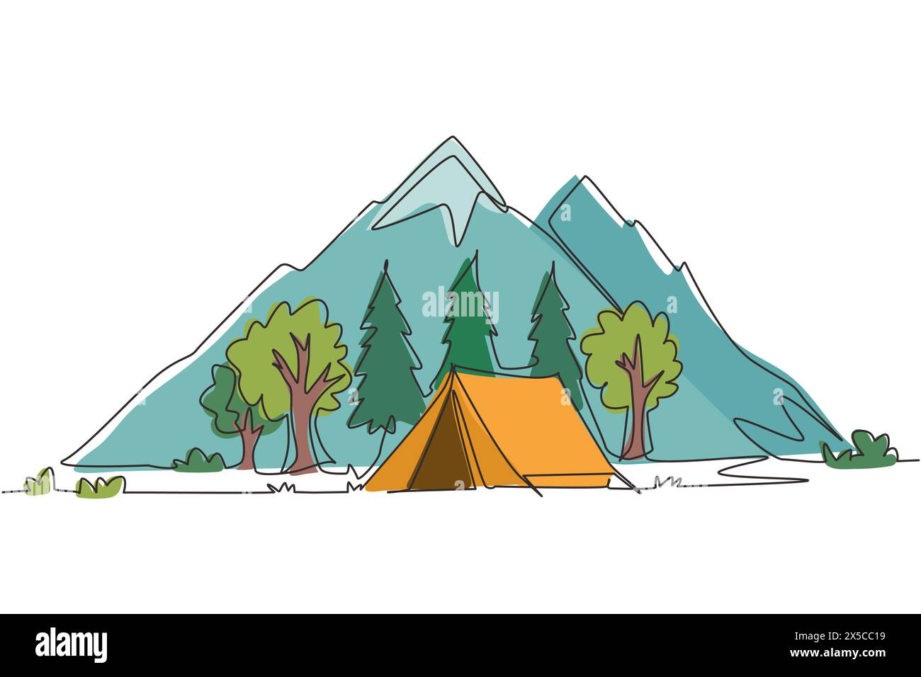 Einzelne einzeilige Poster mit Poster zum Sommercamping und Sonnenuntergang. Banner mit Bergen, Bäumen, Zelt und Lagerfeuer. Klettern, Wandern, Trekkingsport. Co Stock Vektor