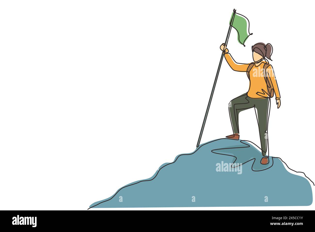 Eine einzige Linie zeichnet Klettererin, die auf dem Berg steht und Flagge trägt. Junger lächelnder Bergsteiger, der auf Felsen klettert. Abenteuertourismus. Konti Stock Vektor
