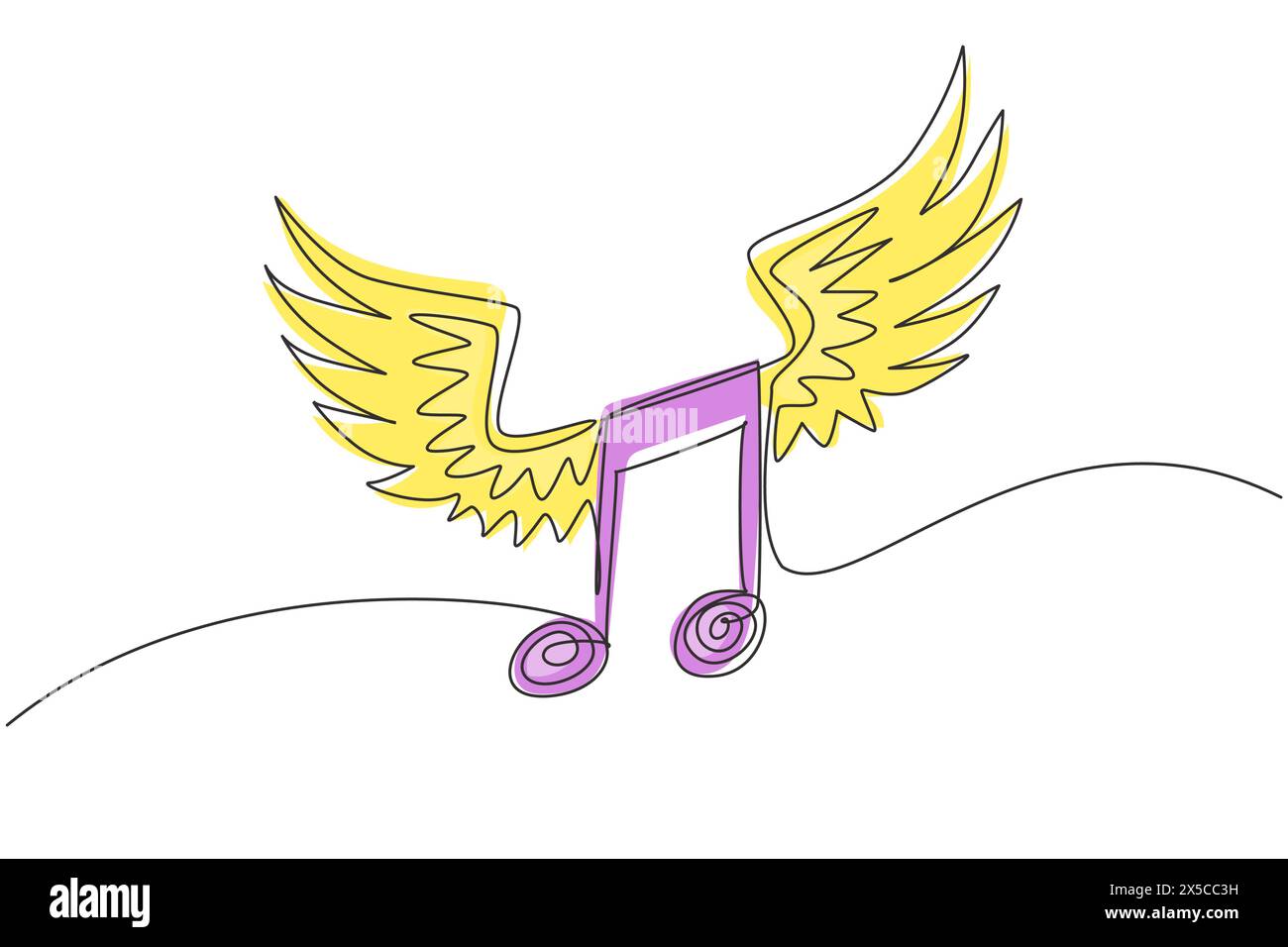 Einzelne durchgehende Linienzeichnung musikalische Notation mit Flügeln. Musiksymbol. Klassisches Melodiebild in flachem Design. Silhouette der Akkorde. Wichtiger Hinweis für pia Stock Vektor