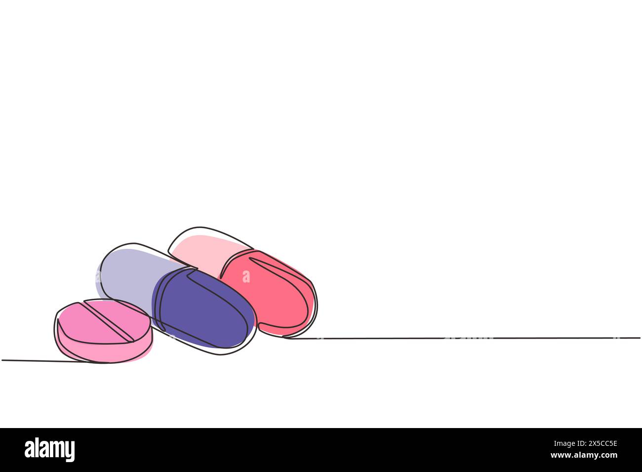 Ein einzeiliges Zeichensatz mit isometrischem Symbol für Pillen und Kapseln. Schmerzmittel, Antibiotika, Vitamine und Aspirin. Medizinische Pillen Symbol. Moderner Continuou Stock Vektor