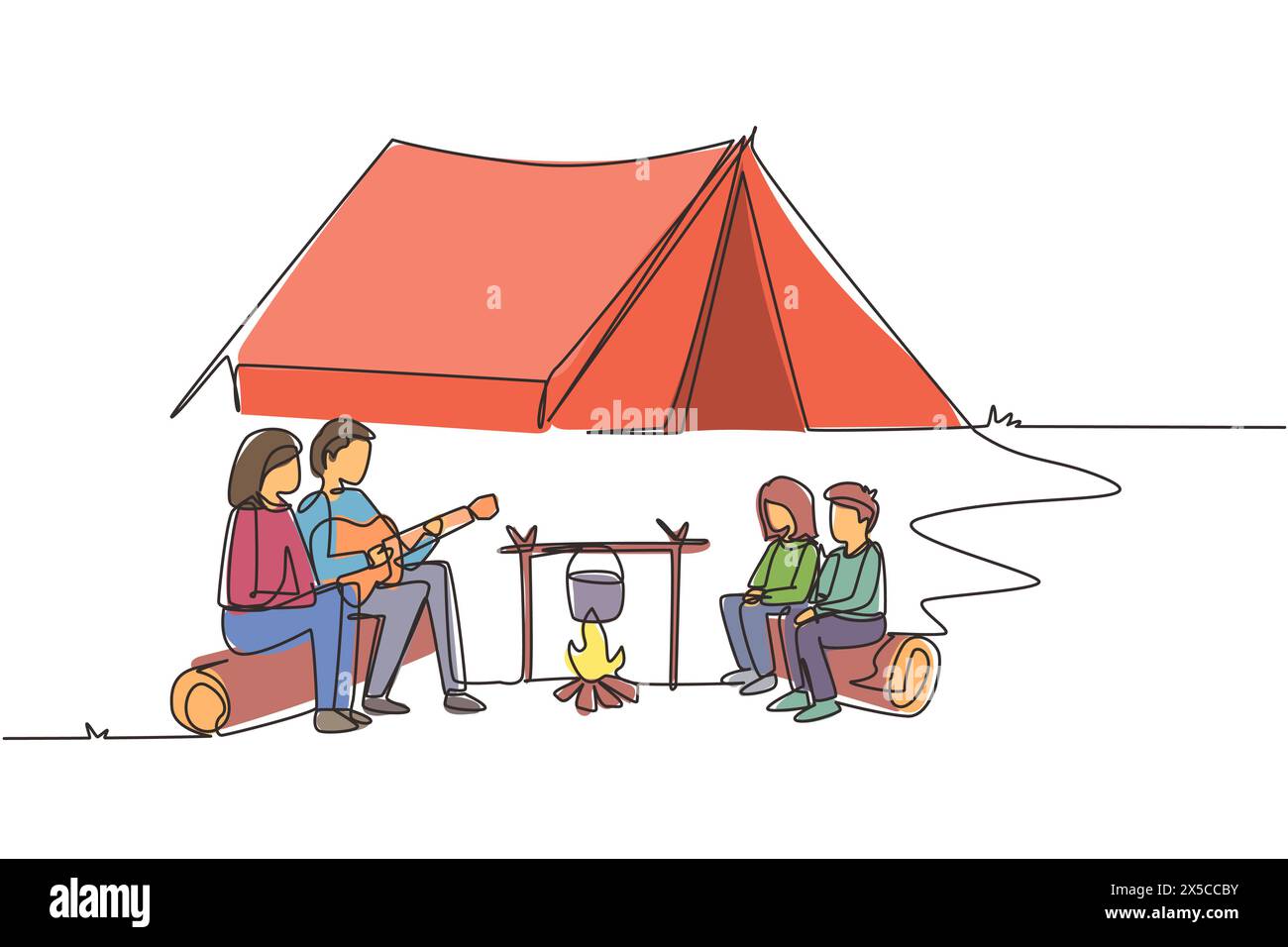 Einzelne durchgehende Linie, die glückliche Familie um das Lagerfeuerzelt zieht, kocht Wasser im Topf und sitzt auf Baumstämmen. Dad spielt Gitarre und singt Lied mit Mom und Stock Vektor