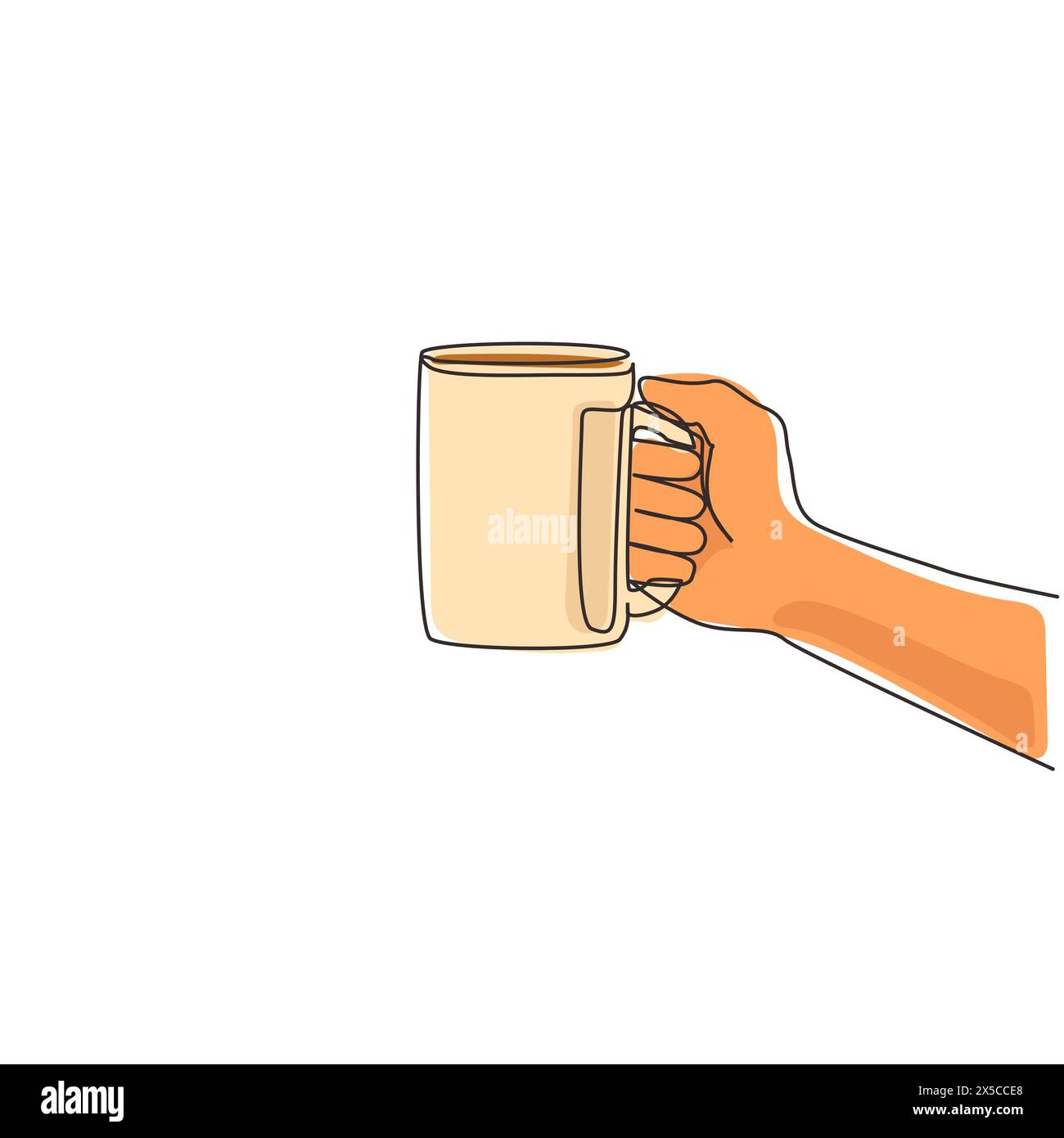 Die menschliche Hand hält eine Keramikschale mit Kaffee oder Tee. Die Hand hält einen heißen Becher am Griff. Entspannen Sie sich morgens. Fortlaufend Stock Vektor