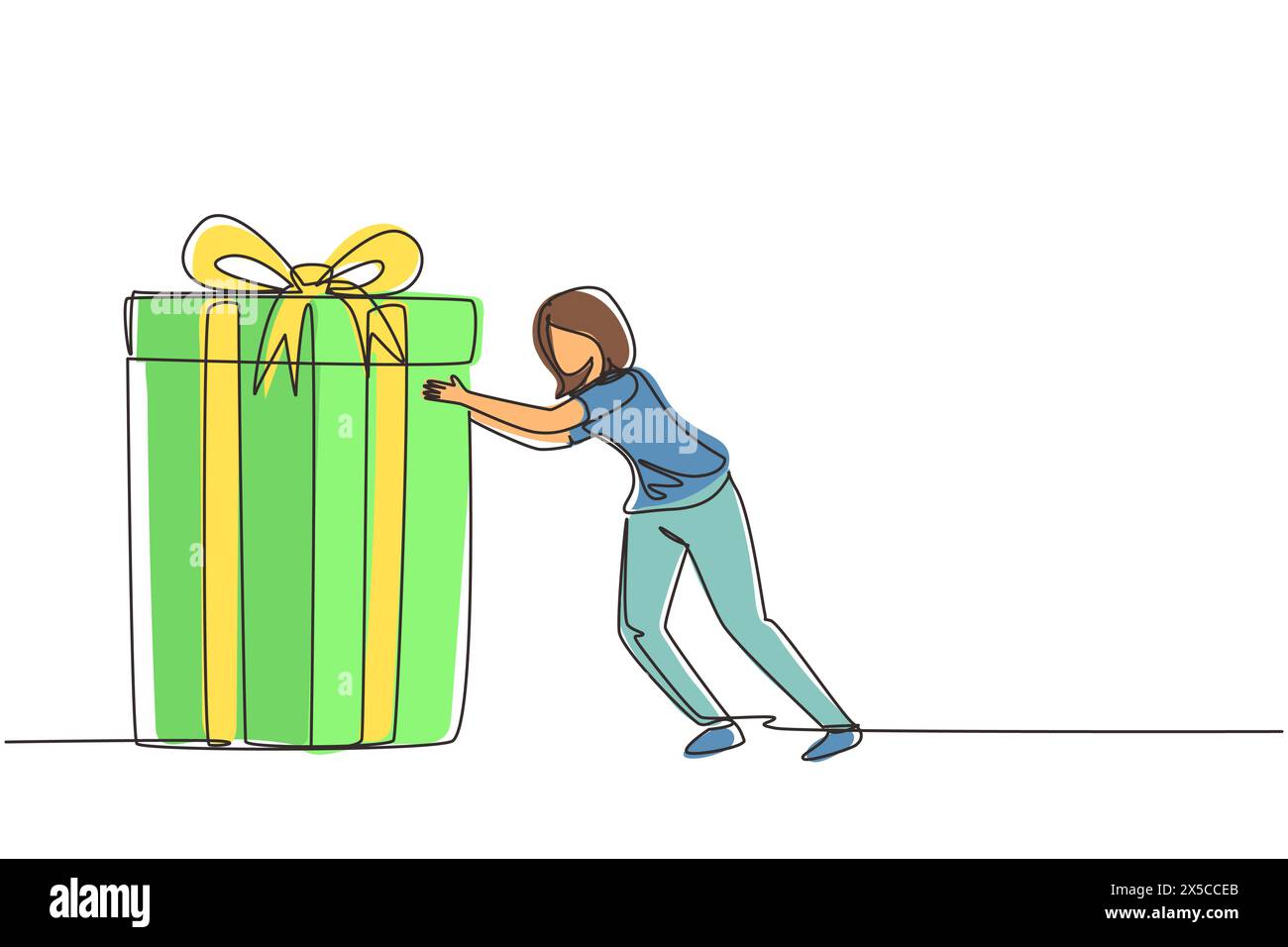 Eine einzelne Linie zeichnet junge Frau vor ihr riesiges Geschenk. Geschenke für Feiertagskonzept. Geschenkbox zum Geburtstag mit Schleife. Vorhanden, Stock Vektor