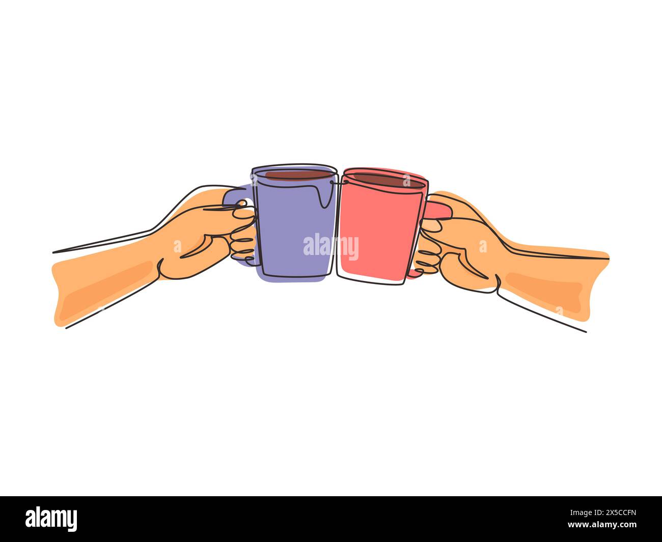 Durchgehende eine Linie, die Nahaufnahme von Frau Mann zwei Hände waagerecht hält Tassen Tee, Toasten klirend. Freunde Freizeit, gesundes Leben Stock Vektor