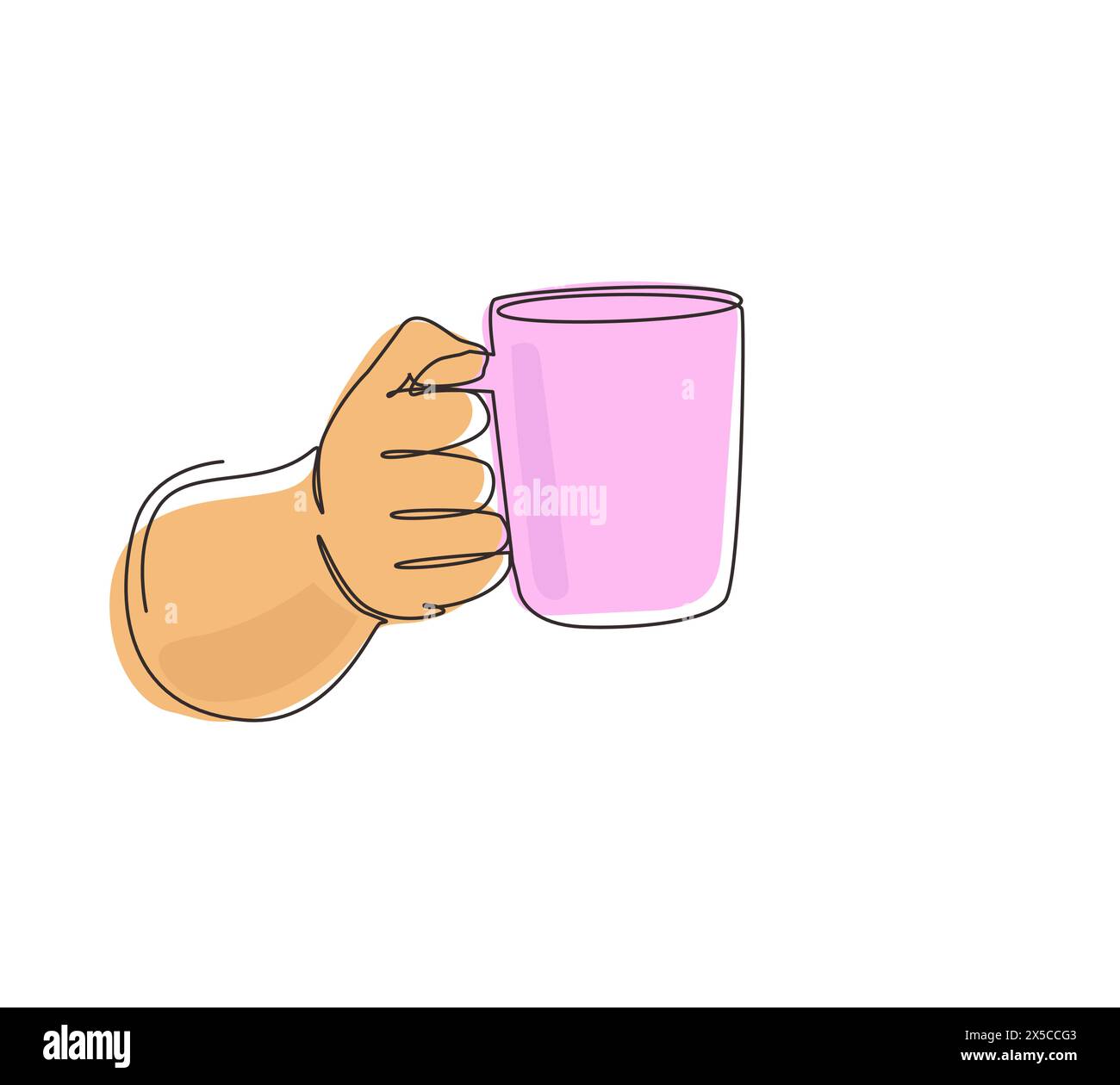 Eine Hand mit durchgehender, einzeiliger Zeichnung hält einen Becher mit heißer Schokolade am Griff. Entspannen Sie sich morgens. Die menschliche Hand hält eine Keramikschale mit Kaffee o Stock Vektor