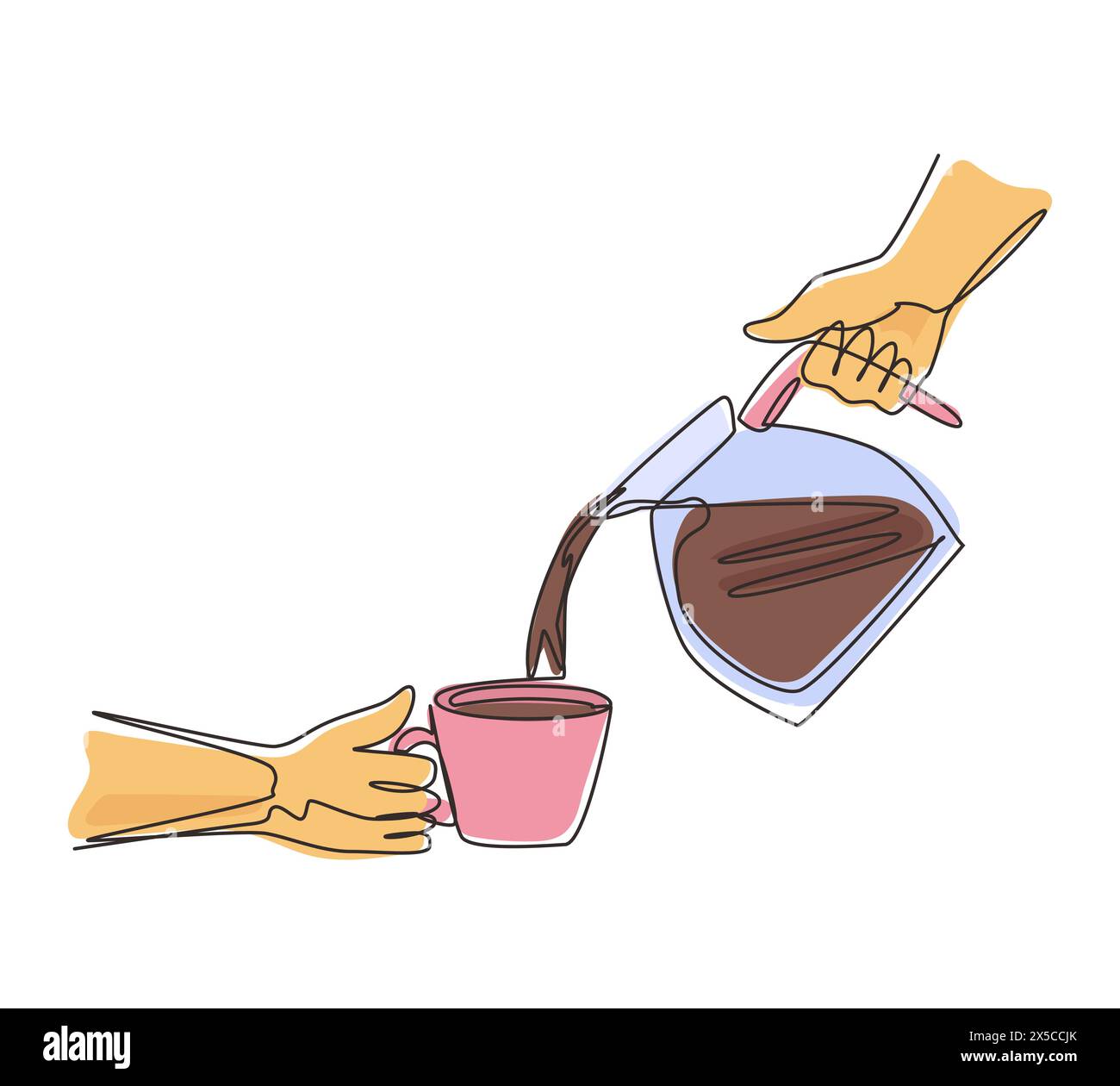 Der Mann mit einer durchgehenden Linie gießt morgens heißen schwarzen Kaffee aus der Kaffeekanne in eine Tasse. Kaffee zuhause zubereiten. Topf aus Edelstahl. M Stock Vektor