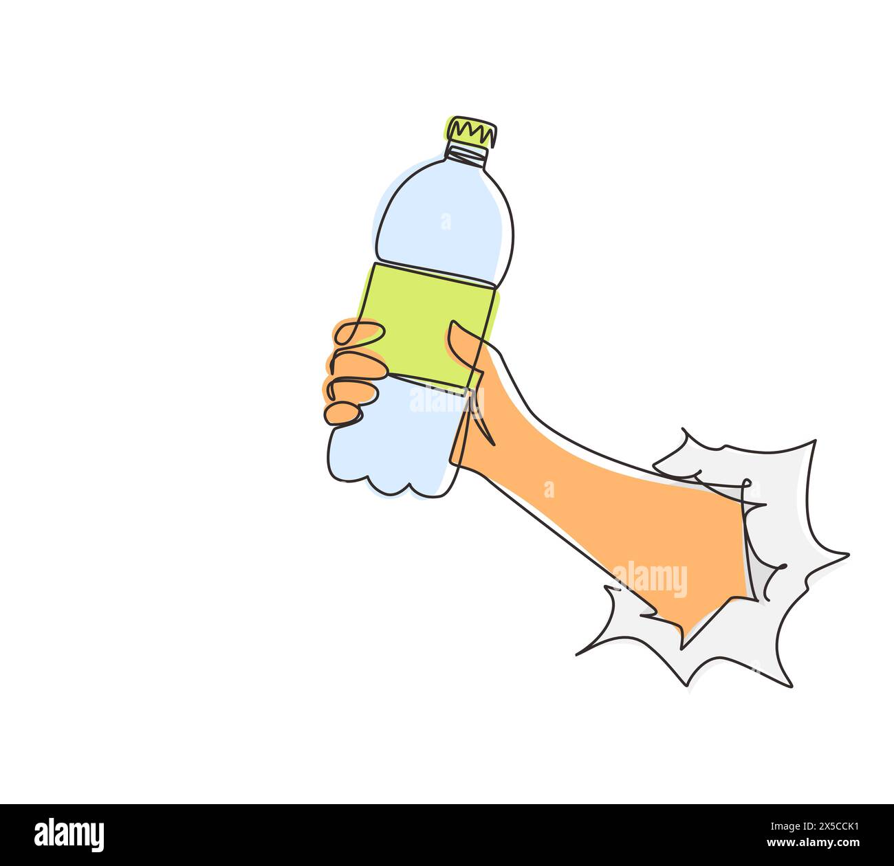 Eine einzeilige Zeichnung, die eine Plastikflasche mit reinem Trinkwasser hält, erfrischend, durch gerissenes weißes Papier spritzen. Hungriges und durstiges Konzept für Stock Vektor