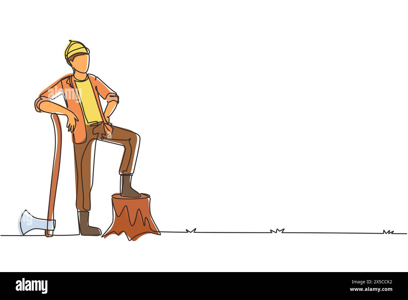 Einzelne durchgehende Linienzeichnung lächelnder Holzfäller in Arbeitskleidung und Mütze, stehend mit Axt und posiert mit einem Fuß auf einem Baumstumpf. Dynamisch Stock Vektor