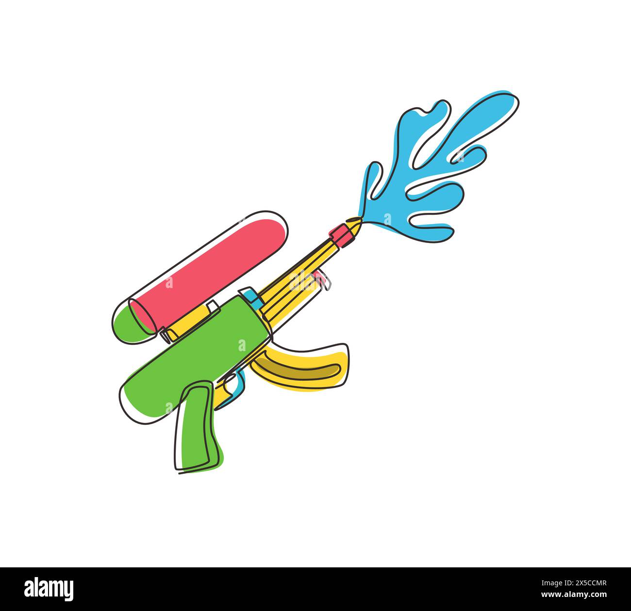 Abbildung einer einzelnen Linie mit Wasserpistole. Sommerspielzeug aus Kunststoff. Spielzeugdesign für Kinder. Pistole mit Wasserspritzer. Flach isoliert auf weißem Hintergrund. Stock Vektor