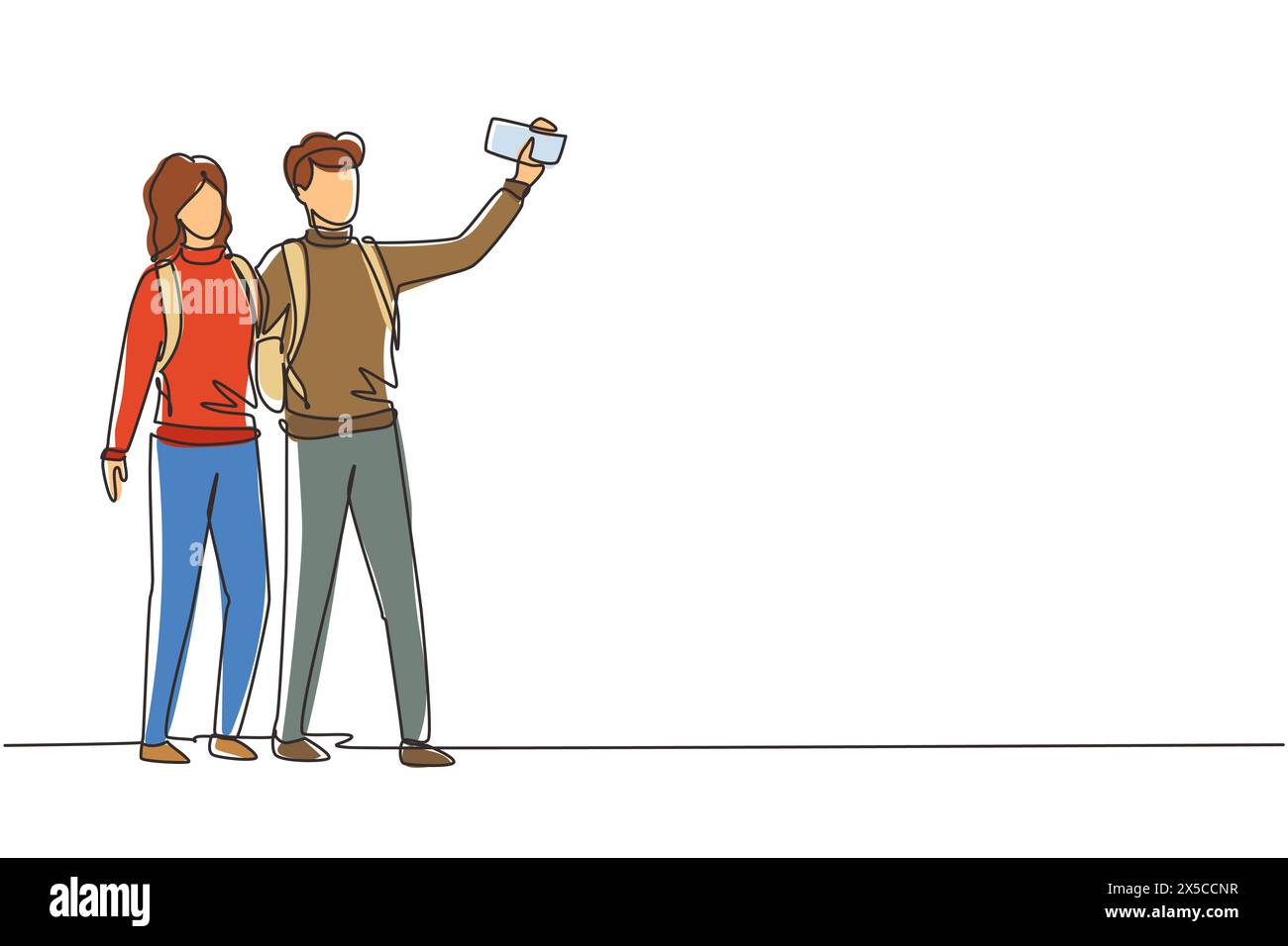 Einzelnes durchgehendes Zeichnungspaar, das in voller Länge steht und versucht, Selfie mit dem mobilen Gerät in der Hand zu machen. Mann und Frau werden zusammen fotografiert. Stock Vektor