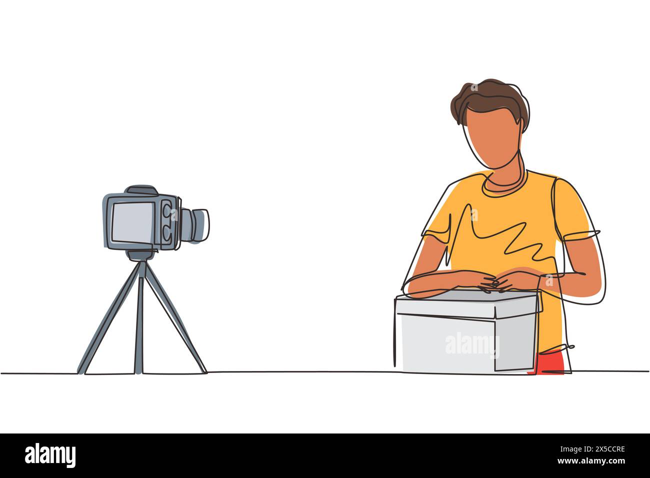 Einzelne durchgehende Linienzeichnung männlicher Vlogger entpacken und bewerten Sie das Produkt live auf youtube im Studio. Social-Media-Influencer nimmt Unboxing-Videos bei HO auf Stock Vektor
