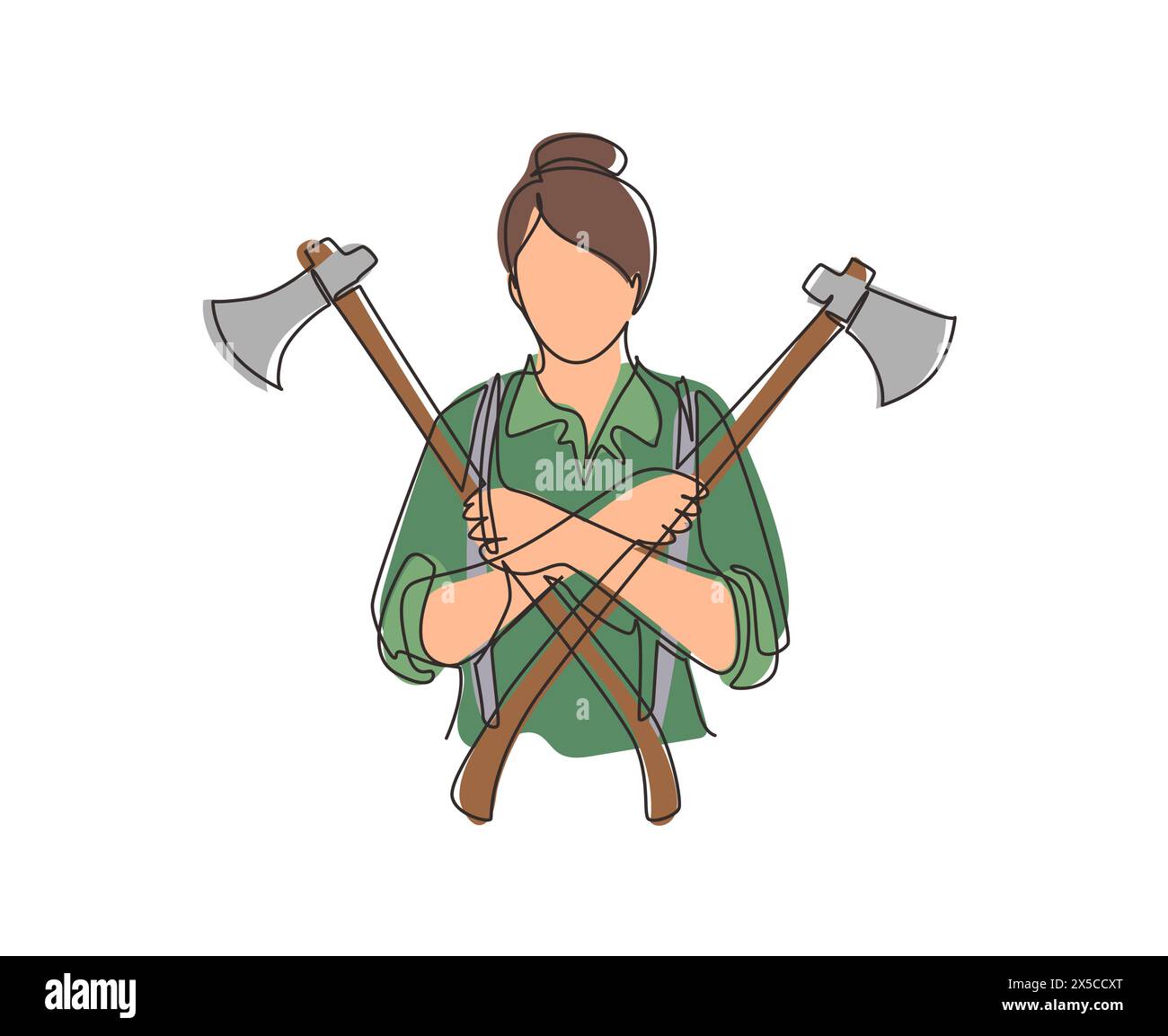 Eine einzelne, eine Linie zeichnende Holzfällerin, die zwei Äxte überkreuzt hält. Gekreuzte Äxte, gekreuzte Feuerwehraxt, Feuerwehraxt, Schreinerwerkzeugen. Stock Vektor