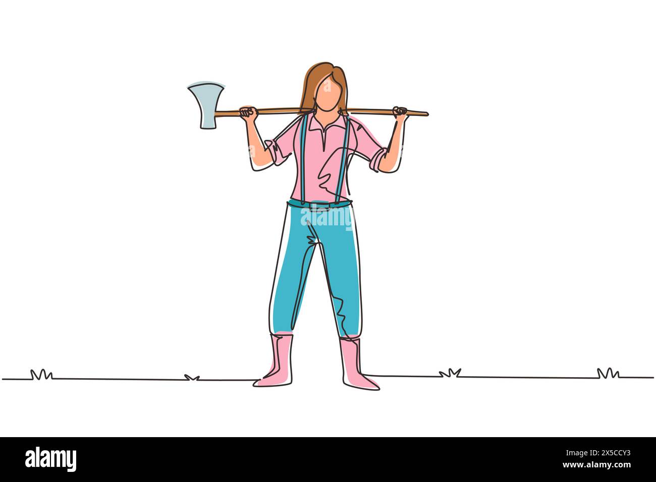 Einzelne durchgehende Linie Zeichnung hübsche Frau Holzfäller in kariertem Hemd, Jeans mit Gürtel, Lederstiefel, die auf ihrer Schulter eine Axt mit langem Holz ha halten Stock Vektor