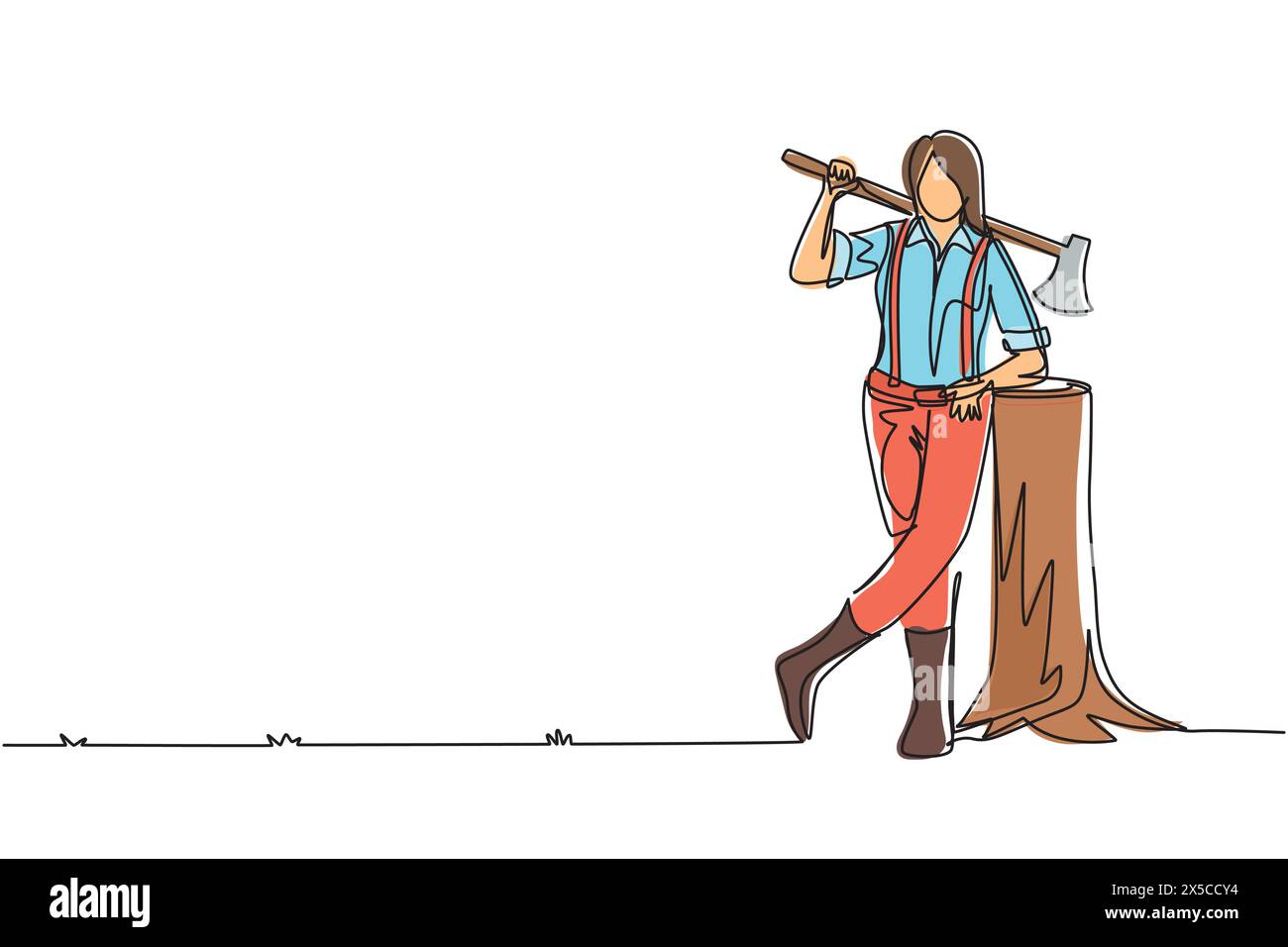 Einzelne durchgehende Linienzieherin Holzfäller lehnt sich auf Holzholz. Mit Hemd, Jeans und Stiefeln. Auf ihrer Schulter eine Axt halten. Weibliche Holzfäller-Haltung Stock Vektor Einzelne durchgehende Linienzieherin Holzfäller lehnt sich auf Holzholz. Mit Hemd, Jeans und Stiefeln. Auf ihrer Schulter eine Axt halten. Weibliche Holzfäller-Haltung Stock Vektor