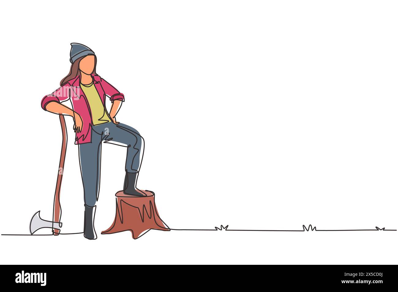 Durchgehende, einzeilige Zeichnung schöne Holzfäller in Arbeitskleidung und Beanie-Hut, stehend mit Axt und posiert mit einem Fuß auf einem Baumstumpf. Si Stock Vektor