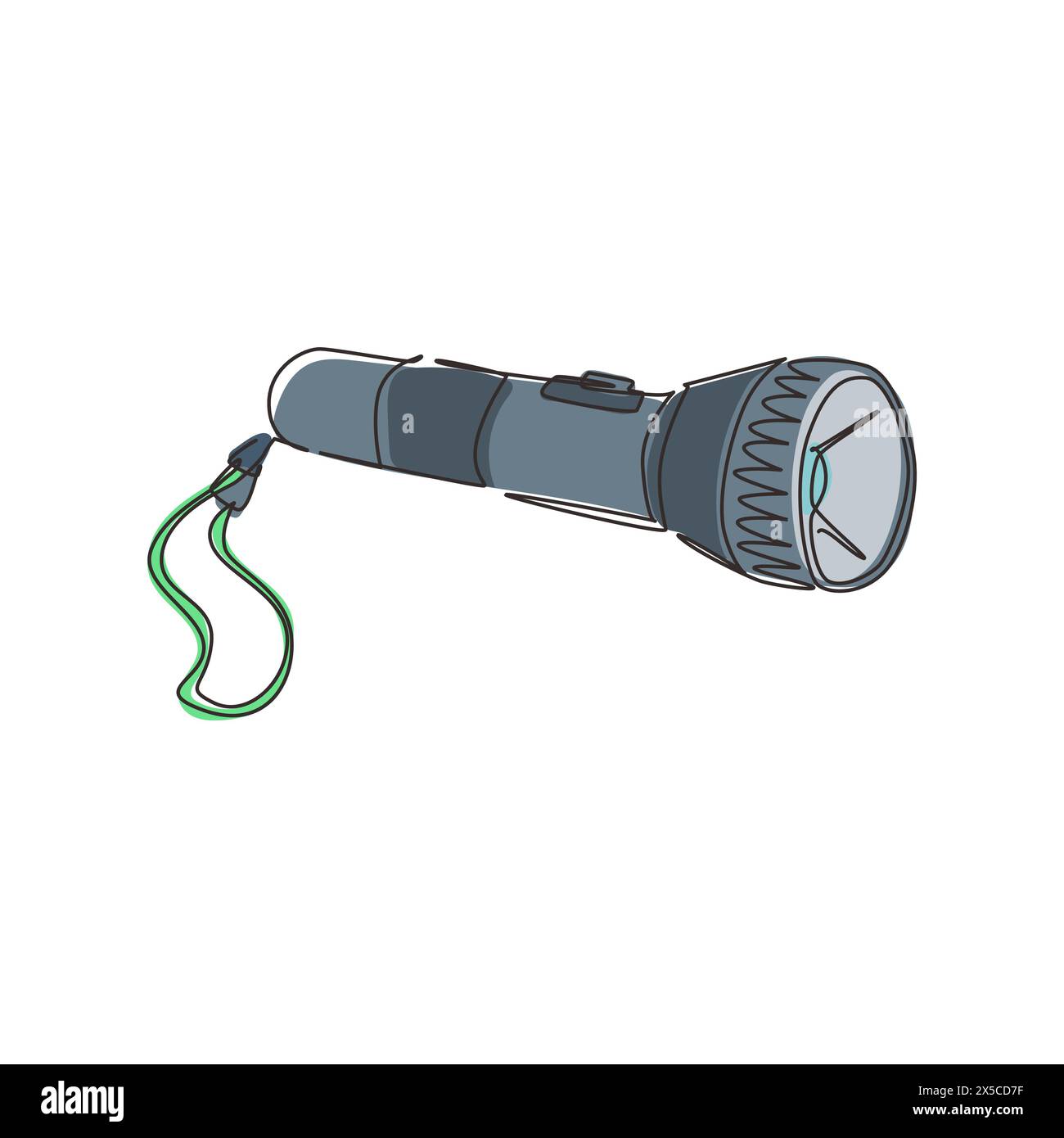 Taschenlampe für eine einzelne einzeilige Zeichnung. Lichtquelle für den individuellen Gebrauch. Lichtstrom, Strahlfokussierung. Beleuchtete Objekte im Dunkeln. Elektrische Lampe b Stock Vektor
