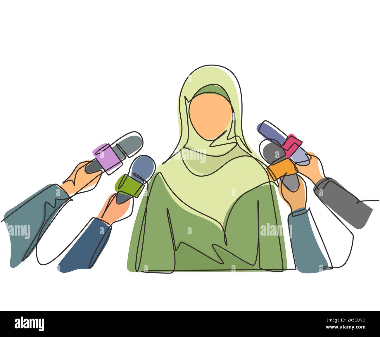 Eine durchgehende Linie zeichnet arabische Frau, die ein Interview gibt. Hände von Journalisten halten Mikrofone. Vorstellung von Nachrichten, Wahlen, Interviews, Kommentaren, Pol Stock Vektor