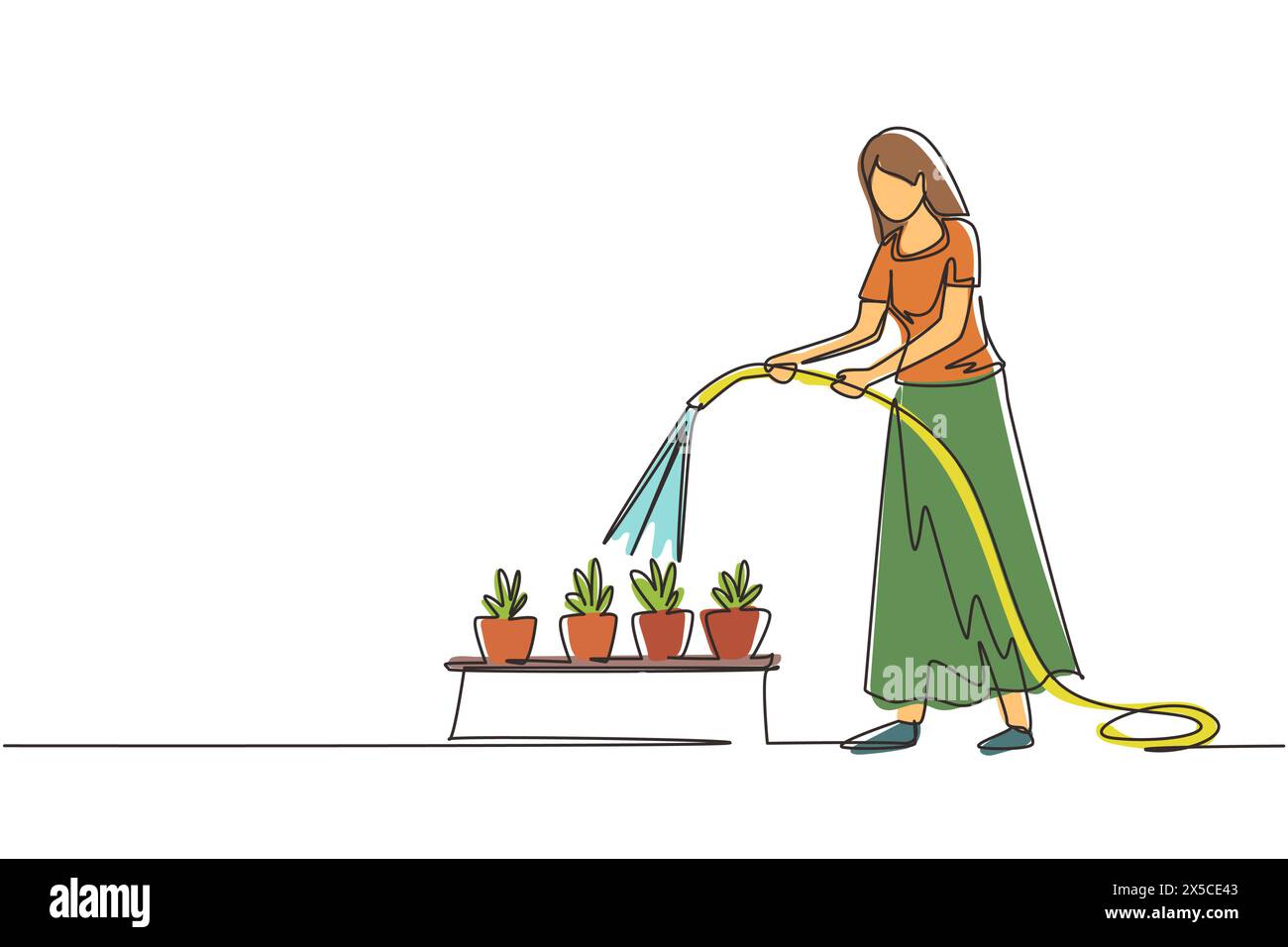 Durchgehende eine Linie, die junge Frau zieht, die Topfpflanzen mit Schlauch tränkt. Gartenbau, Gewächshaus, botanischer Garten, Blumen wachsen, Pflanzenzüchtung Stock Vektor