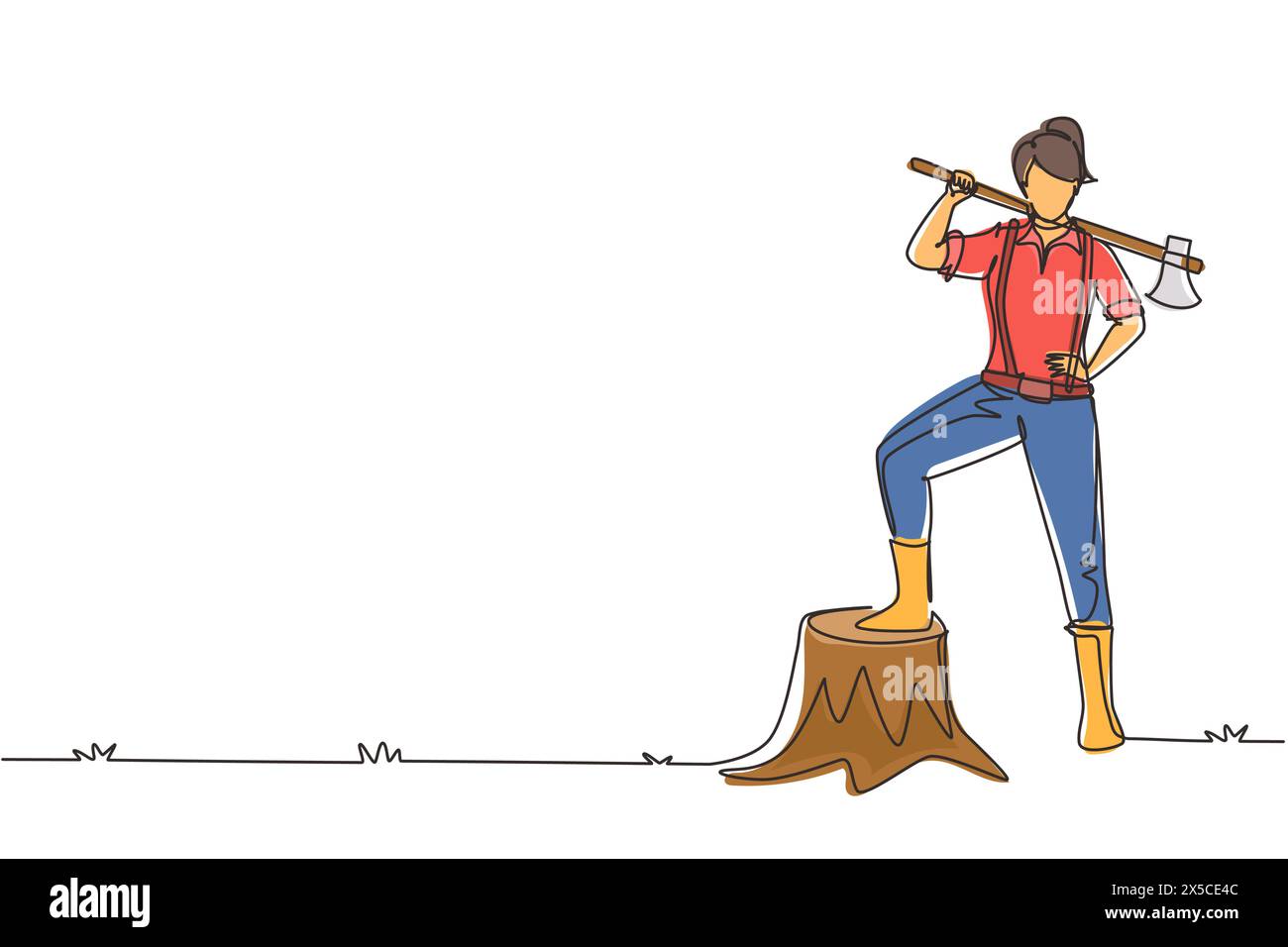 Eine einzige Linie, die hübsche Holzfäller trägt Hemd, Jeans, Stiefel. Auf ihrer Schulter eine Axt, die mit einem Fuß auf einem Baumstumpf posiert. Kontin Stock Vektor