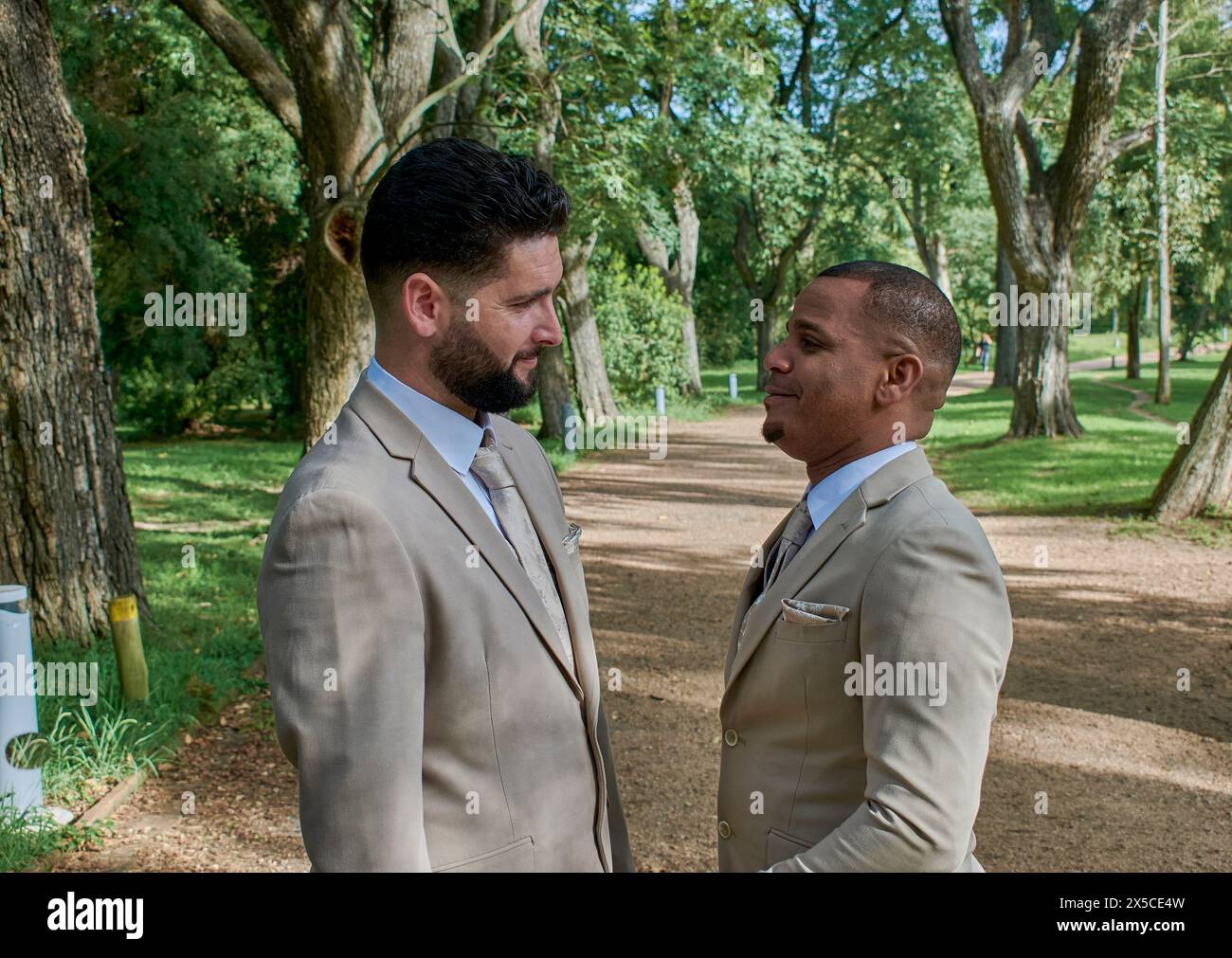 Ein paar schwule Männer stehen einander im Profil gegenüber, schwuler Stolztag, der Mann ist Hispanic und der andere Afroamerikaner. Das Paar ist glücklich Stockfoto