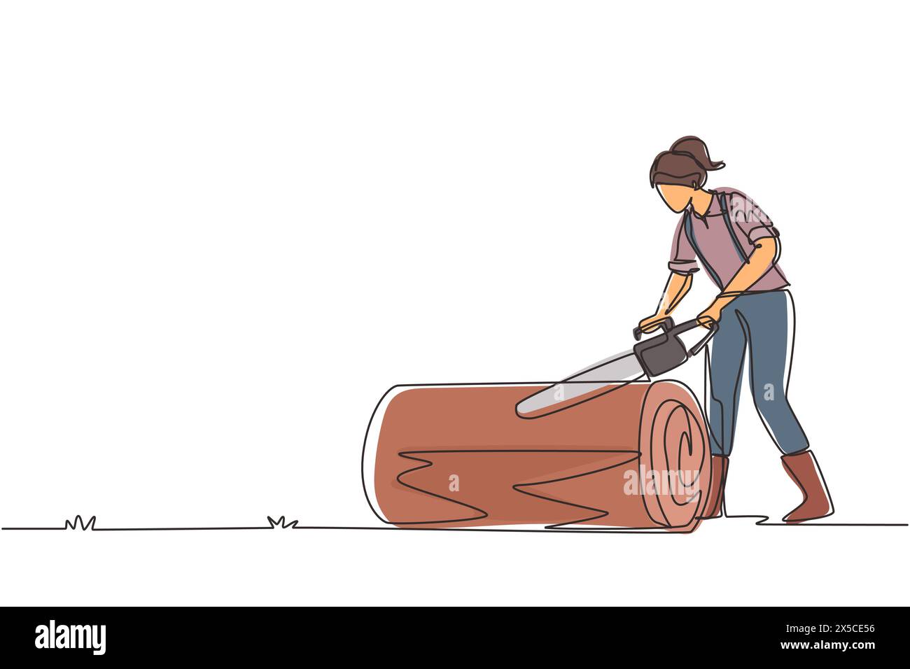 Arbeiter in der Holzindustrie mit einer einzelnen durchgehenden Linienzeichnung und Motorsäge. Frau, die Holzfäller im Wald sägt. Mädchen Holzfäller Schnittholz, Holzschnitt Stock Vektor
