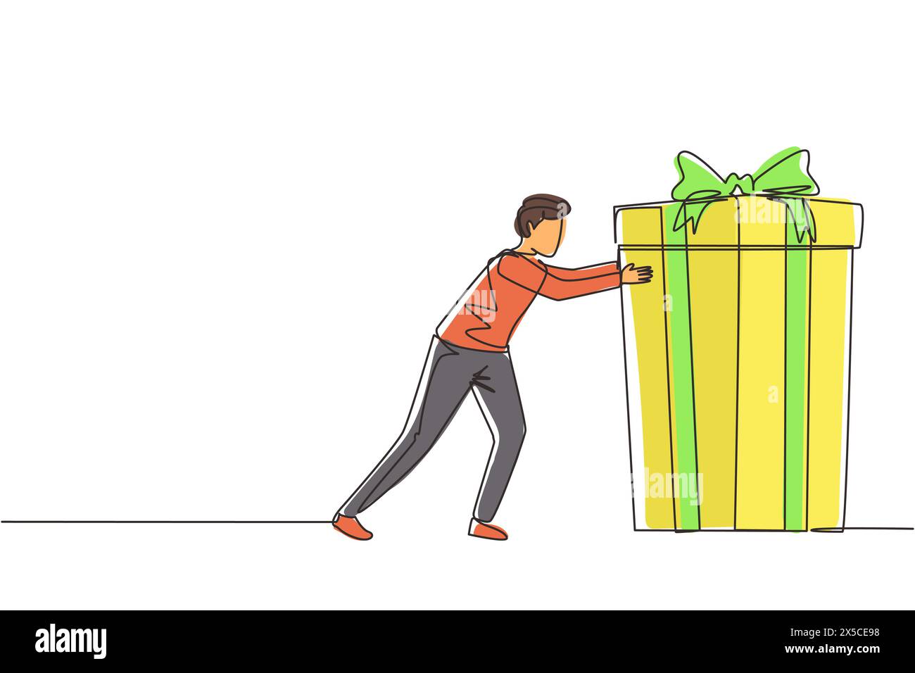 Ein einziger fortlaufender Zeilenzug junger Mann schiebt ihm ein riesiges Geschenk vor. Geschenke für Feiertagskonzept. Geschenkbox zum Geburtstag mit Schleife. Vors. Stock Vektor