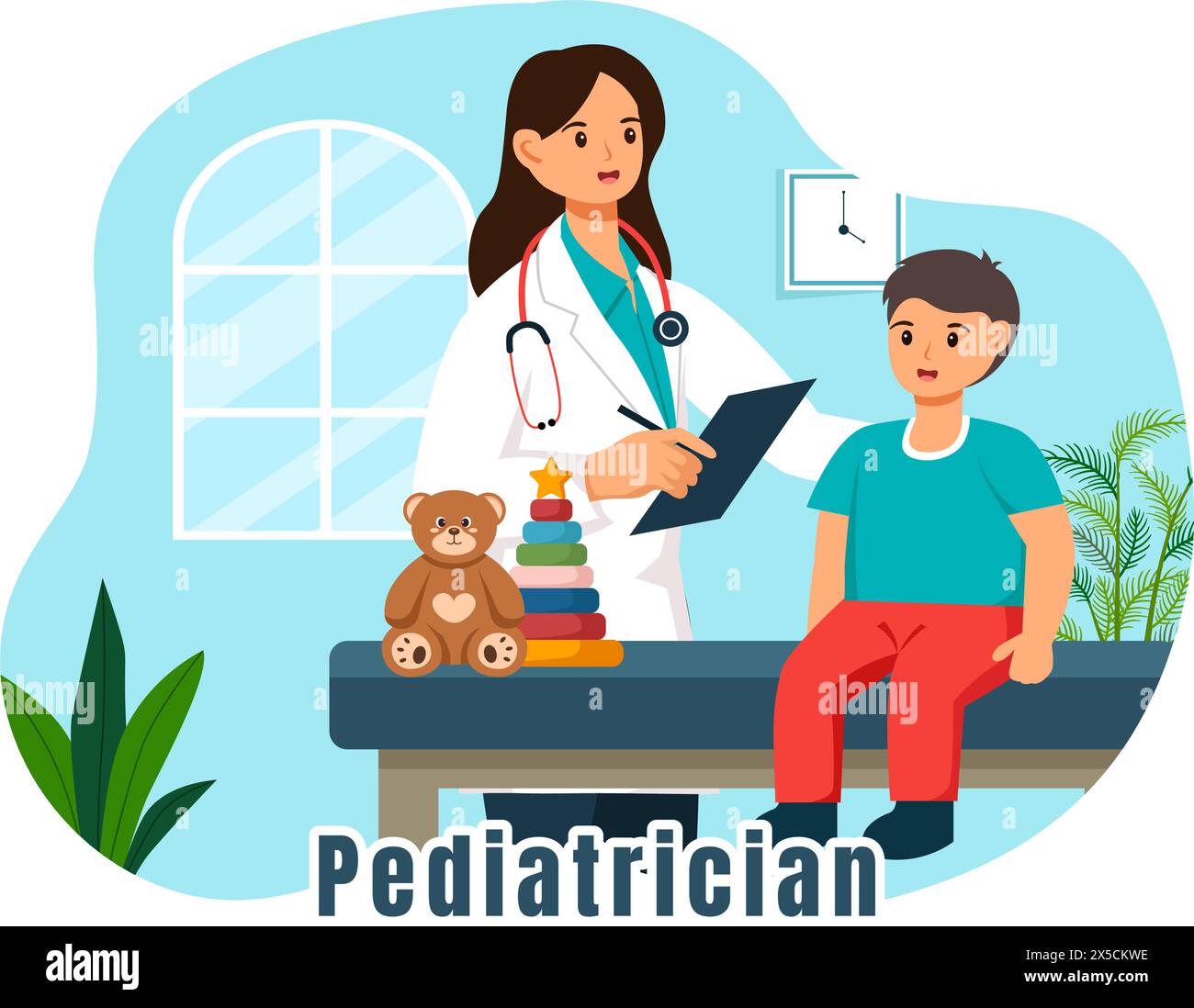 Kinderarzt Vektor-Illustration mit untersucht kranke Kinder für medizinische Entwicklung, Impfung und Behandlung im flachen Cartoon Hintergrund Design Stock Vektor