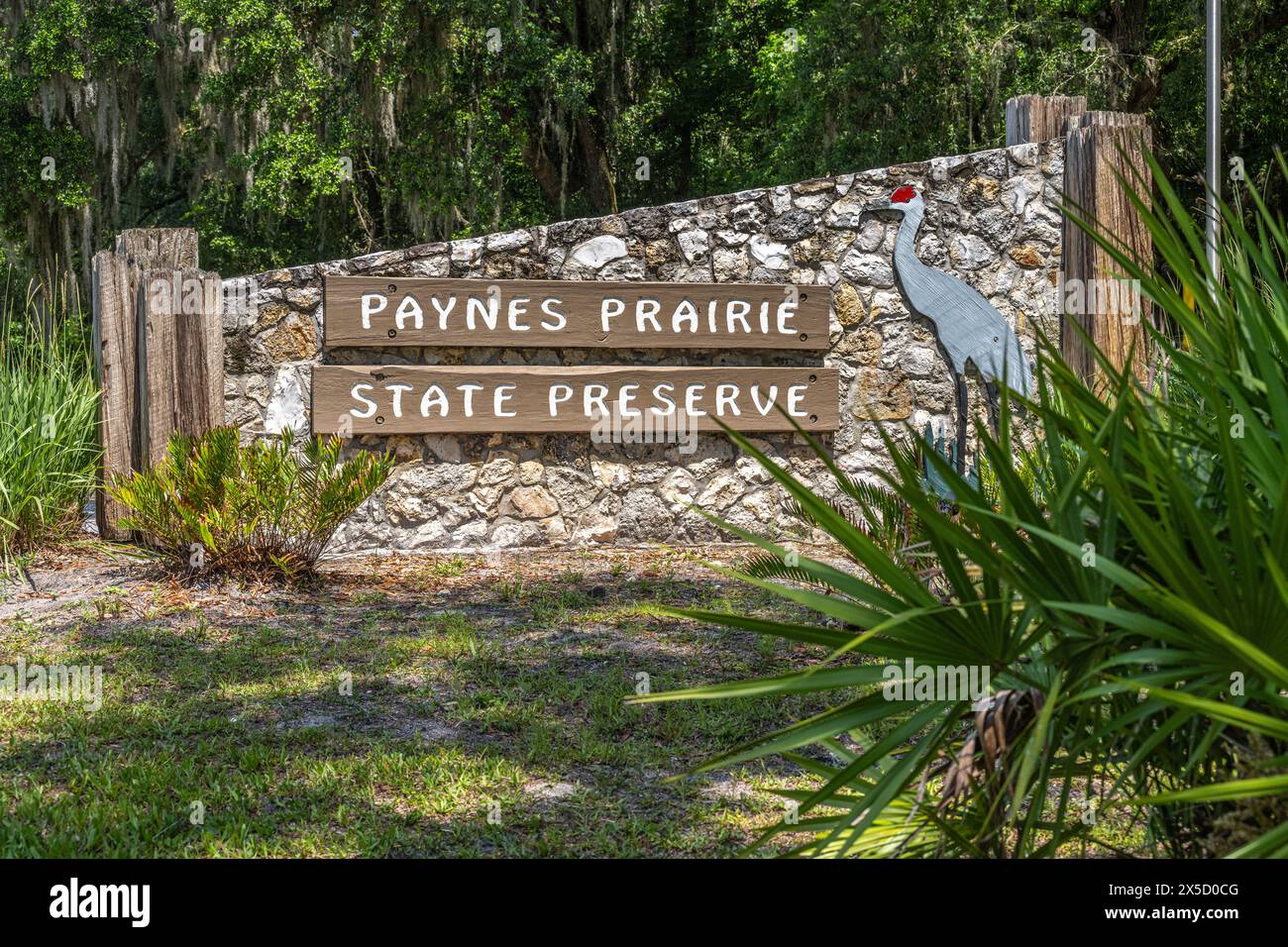 Eintrittsschild zum Paynes Prairie Preserve State Park, Heimat wilder Büffel, Pferde und Rinder sowie anderer Wildtiere in Micanopy, Florida. (USA) Stockfoto