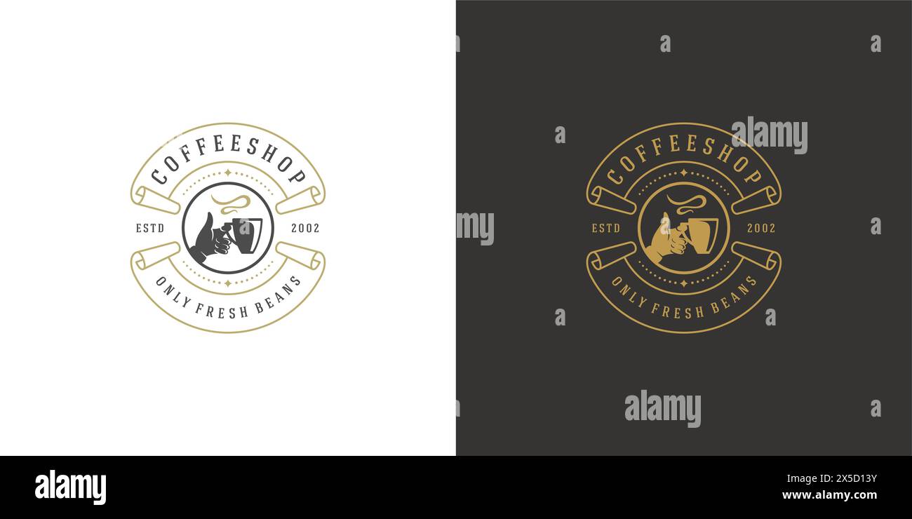 Kaffee- oder Teeshop Logo Vorlage Vektor Illustration mit Handheld Tasse Silhouette gut für Café Badge Design und Menüdekoration. Retro-Typographie Stock Vektor