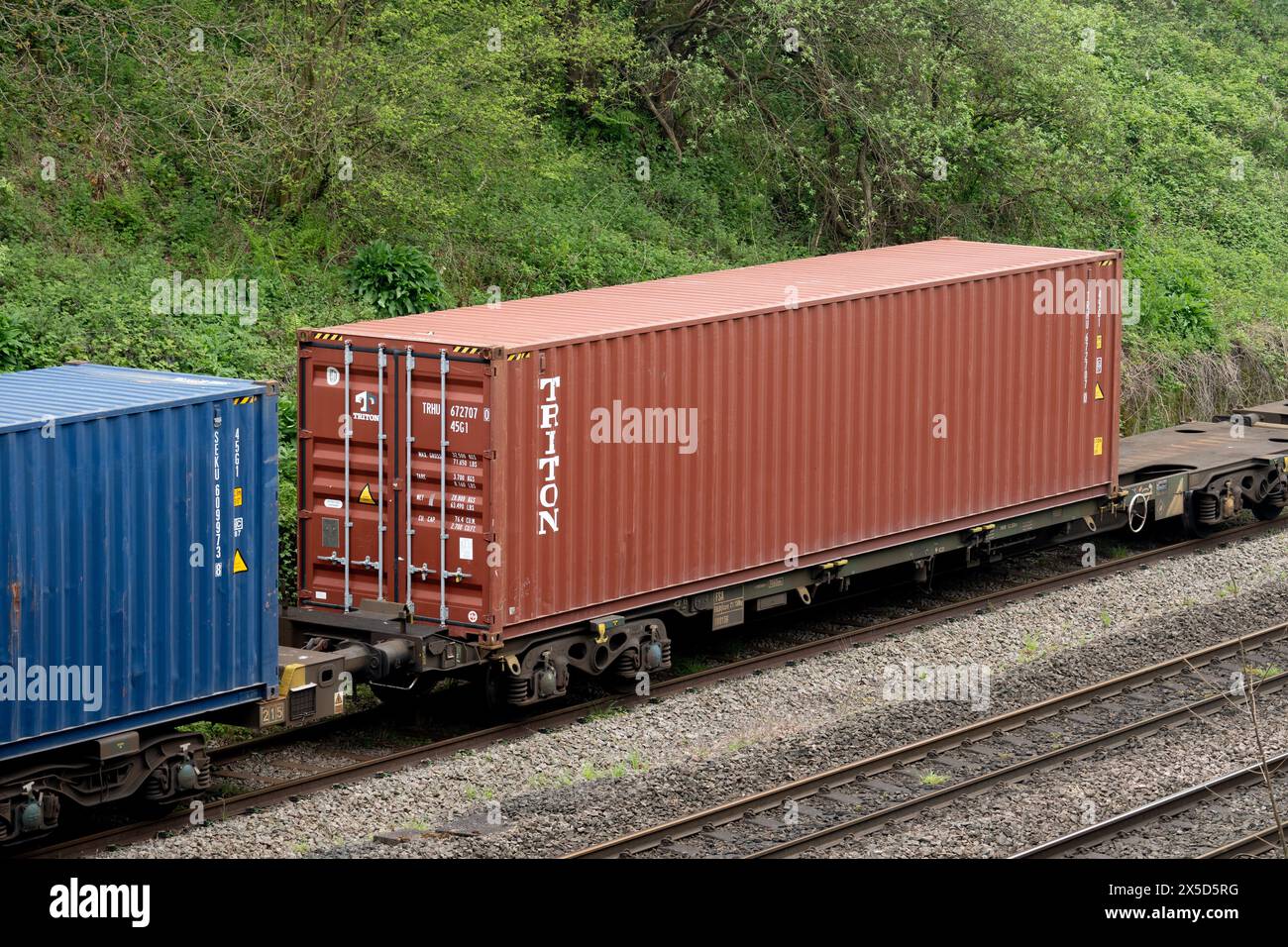 Triton Transportcontainer auf einem freightliner Zug, Warwickshire, UK Stockfoto