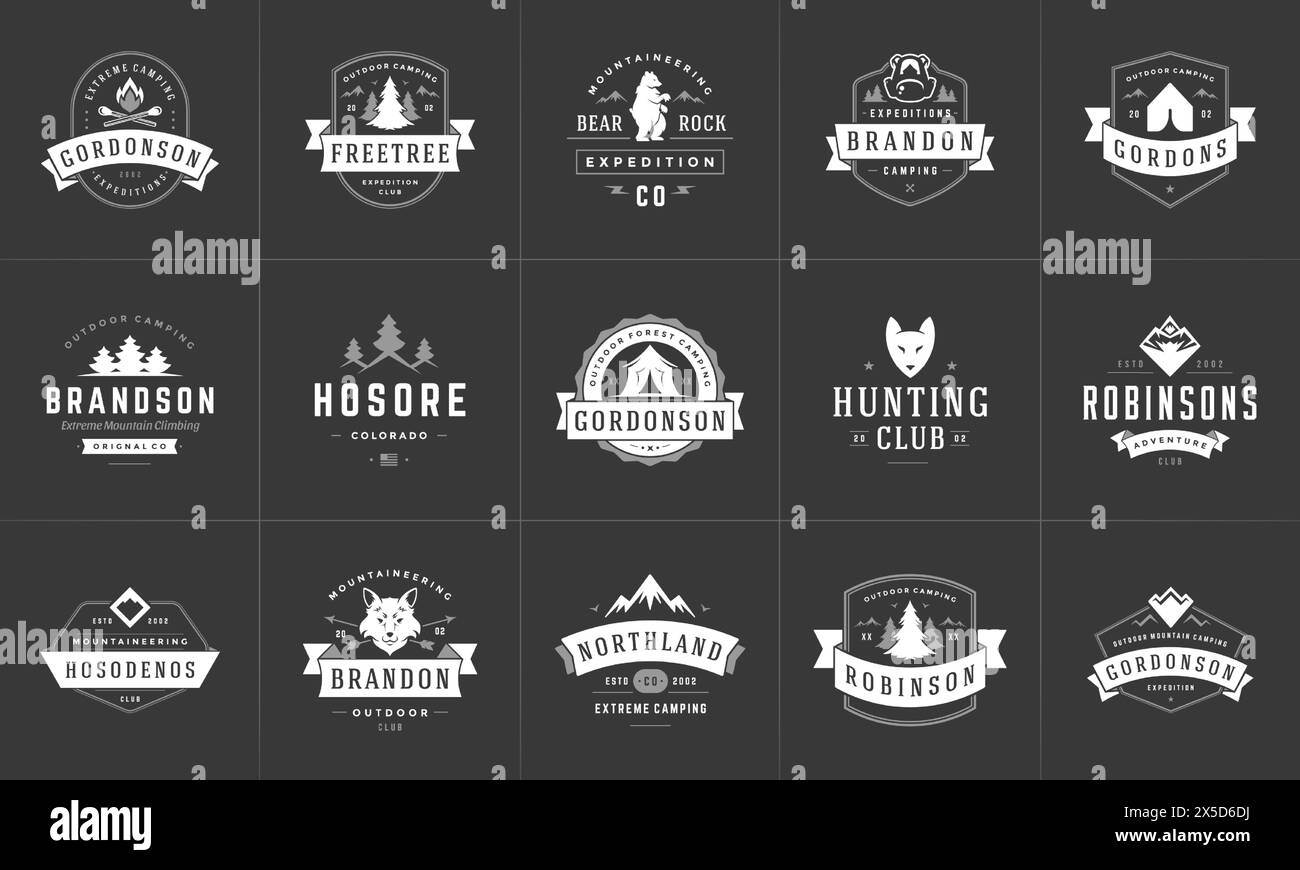 Camping Logos und Abzeichen Vorlagen Vektor Design Elemente und Silhouetten Set. Outdoor-Abenteuer Berge und Forest Camp Vintage Stil Embleme und l Stock Vektor