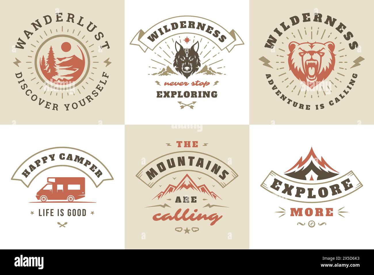 Camping und Outdoor Abenteuer Zitate und Sprüche Typografie Set Vektor Illustration. Gut für T-Shirts, Tassen, Grußkarten, Fotoüberzüge und poste Stock Vektor