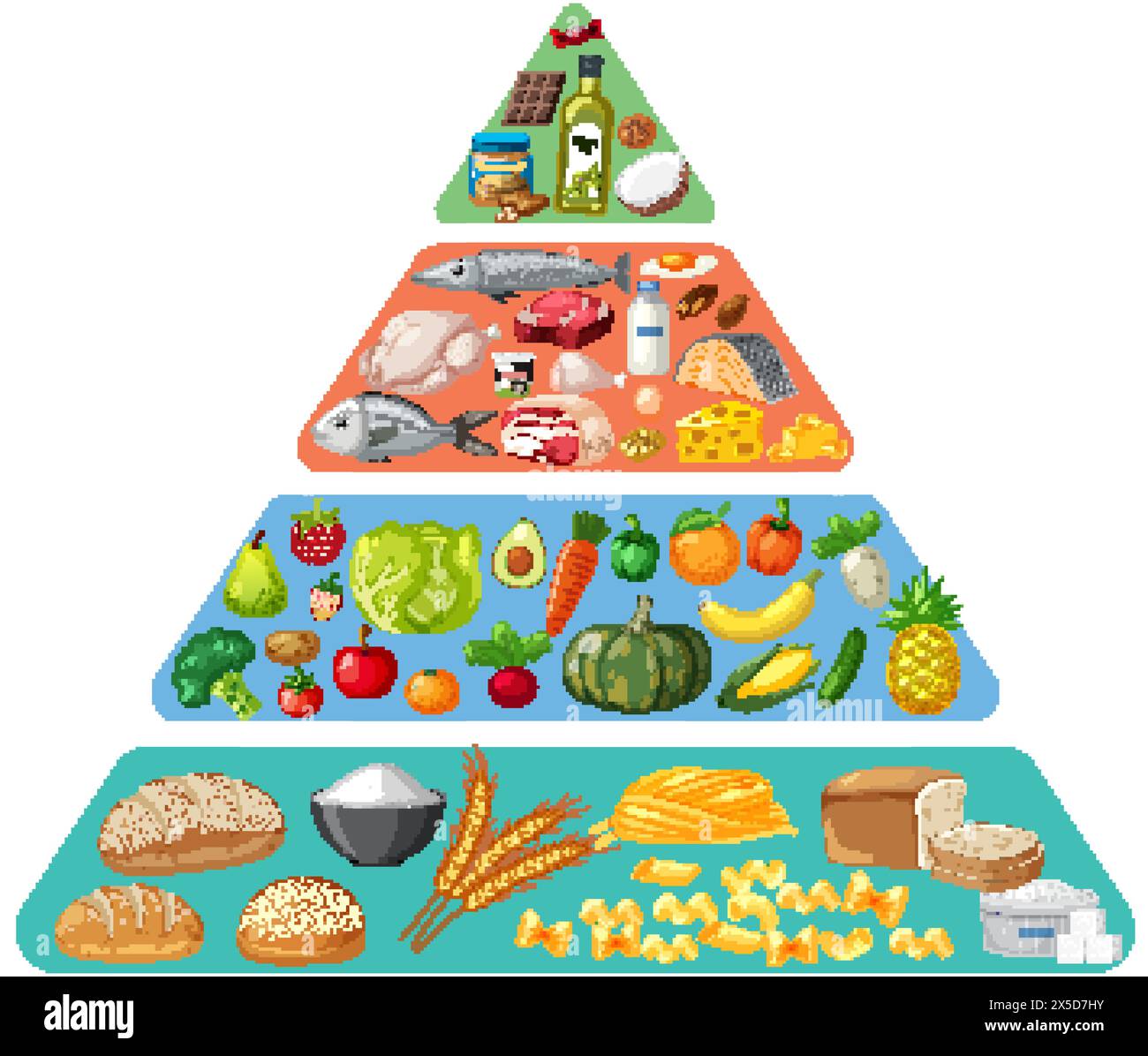 Vektorillustration einer Lebensmittelpyramide mit verschiedenen Lebensmitteln. Stock Vektor