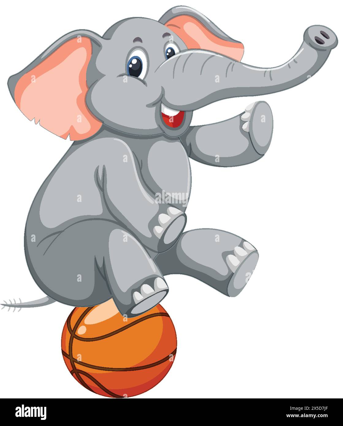 Fröhlicher Comic-Elefant, der auf einem orangefarbenen Basketball balanciert Stock Vektor