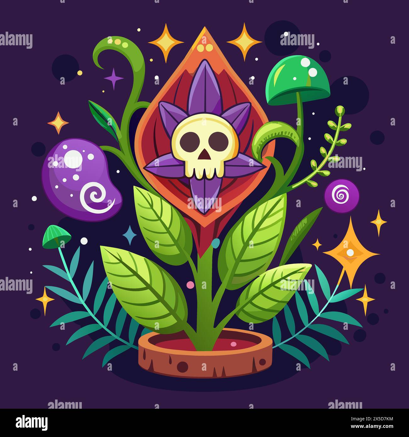Eine Giftpflanze mit magischen Elementen und einer Schädelillustration flach Stock Vektor