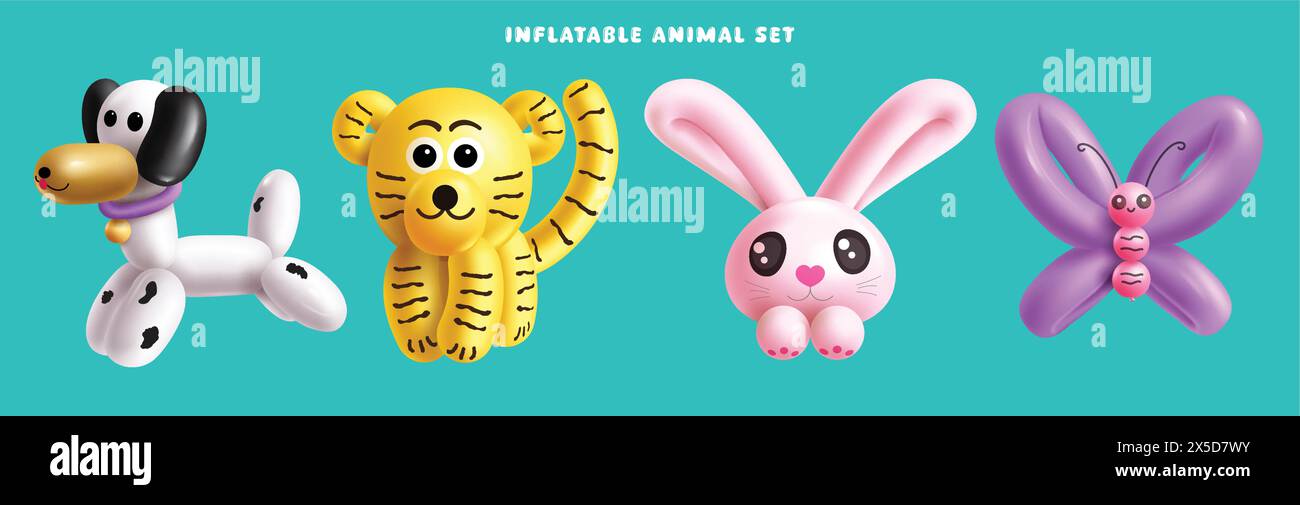 Tiergeburtstag Ballons Vektor Set Design. Aufblasbare Geburtstagstier Kollektion in Hund-, Löwen-, Häschen- und Schmetterlingsform für Kinder glücklich Stock Vektor