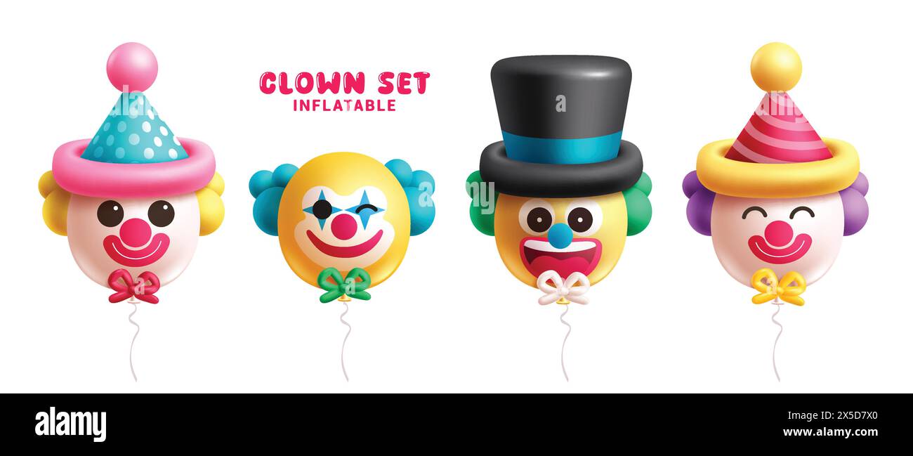 Clown Geburtstag Ballons Vektor Set Design. Geburtstagsklown Ballonform aufblasbare Kollektion für Kinderfeier und Anlass in weiß Stock Vektor