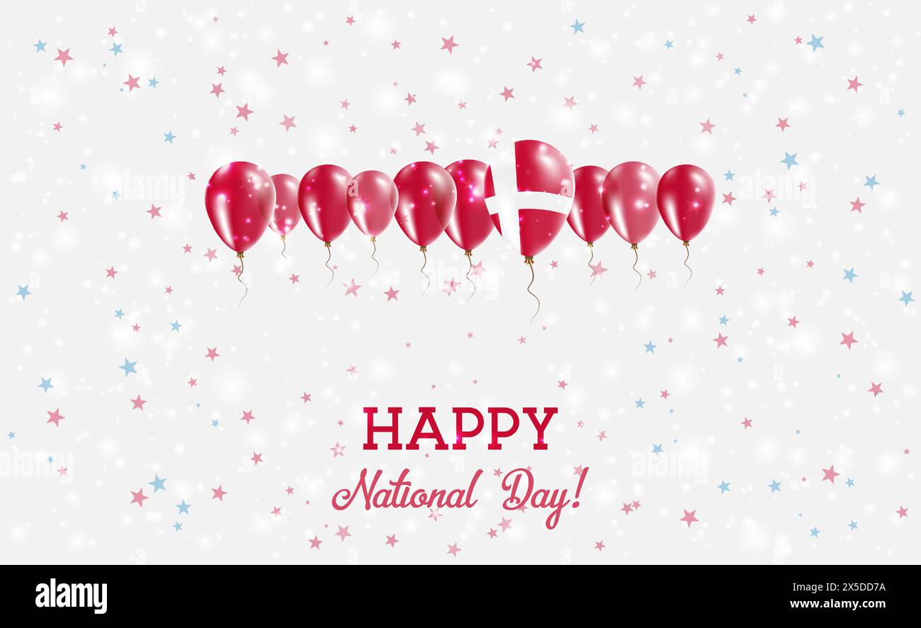 Dänemark Unabhängigkeitstag Funkelndes Patriotisches Poster. Reihe von Ballons in den Farben der dänischen Flagge. Grußkarte mit Nationalflaggen, Konfetti und Sta Stock Vektor