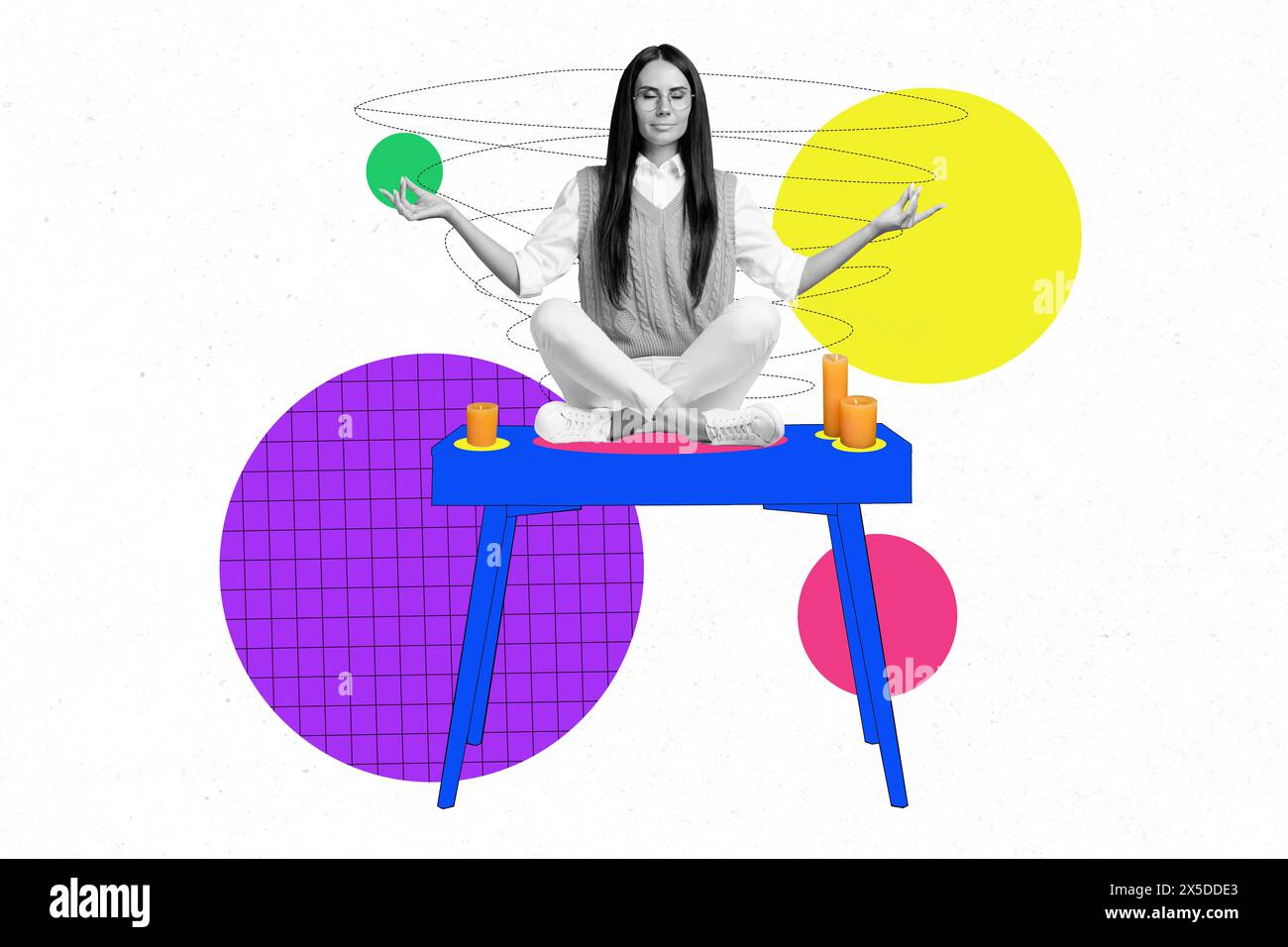 Composite Trend Artwork Skizze Bild Foto Collage der hellen Farbe geometrische Element Tisch junge Dame sitzen Lotus Pose meditieren Aroma Kerze Stockfoto