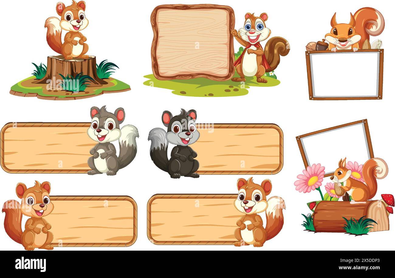 Verschiedene Eichhörnchen posieren mit leeren Holzschildern Stock Vektor