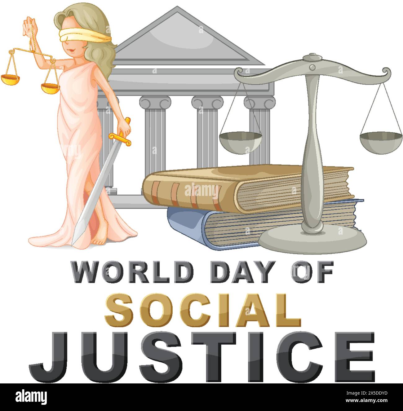 Lady Justice, Waagen, Bücher und Gerichtssäulen Stock Vektor