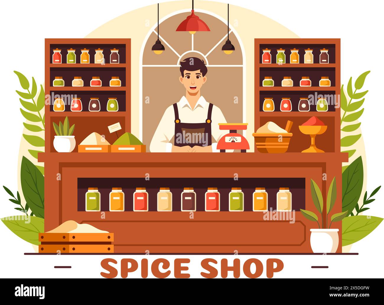 Gewürz-Shop-Vektor-Illustration mit verschiedenen heißen Saucen, Gewürzen, exotischen frischen Gewürzen und traditionellen Kräutern im flachen Zeichentrickhintergrund Stock Vektor